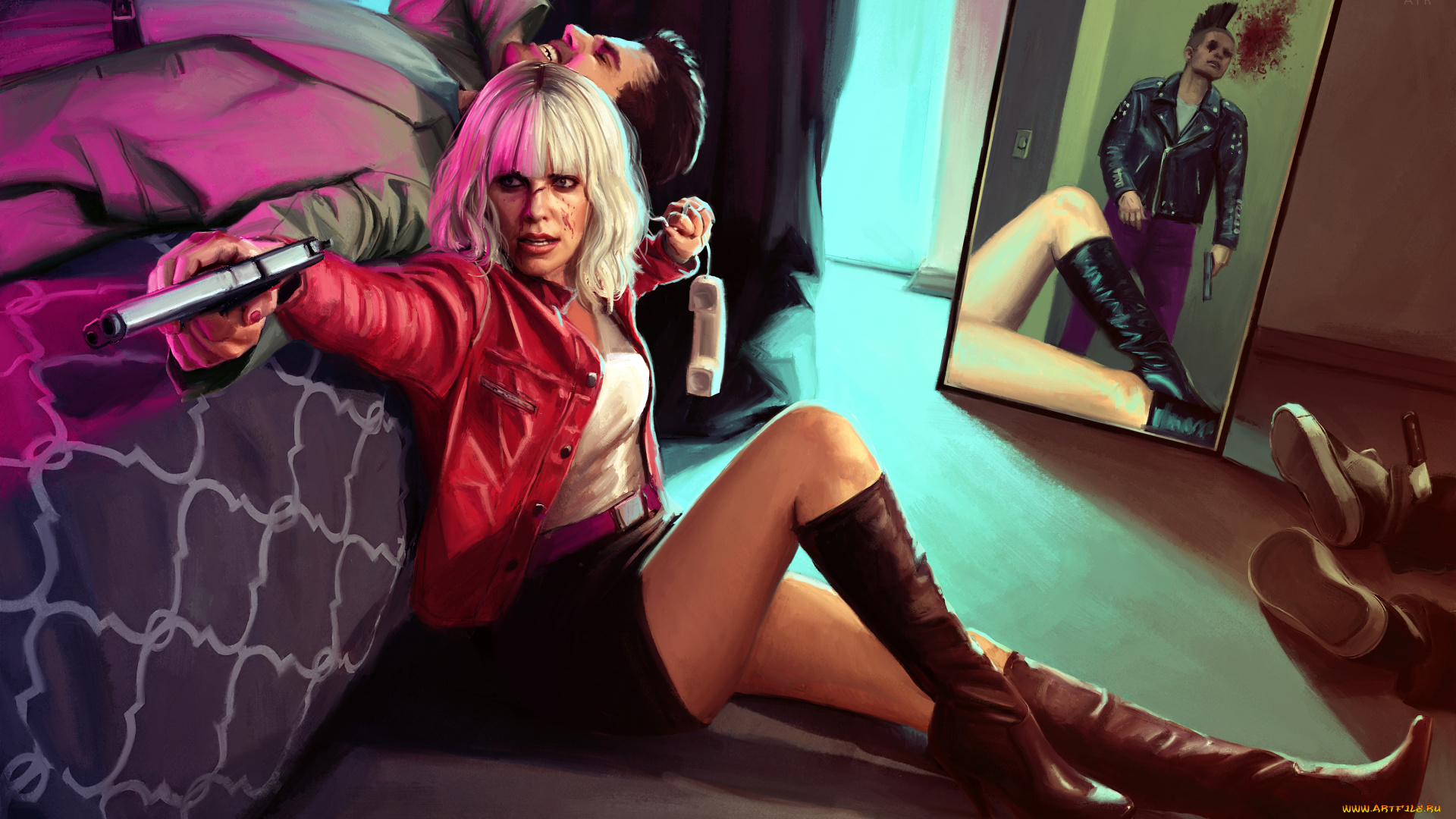 рисованное, кино, пистолет, фон, зеркало, мужчины, девушка