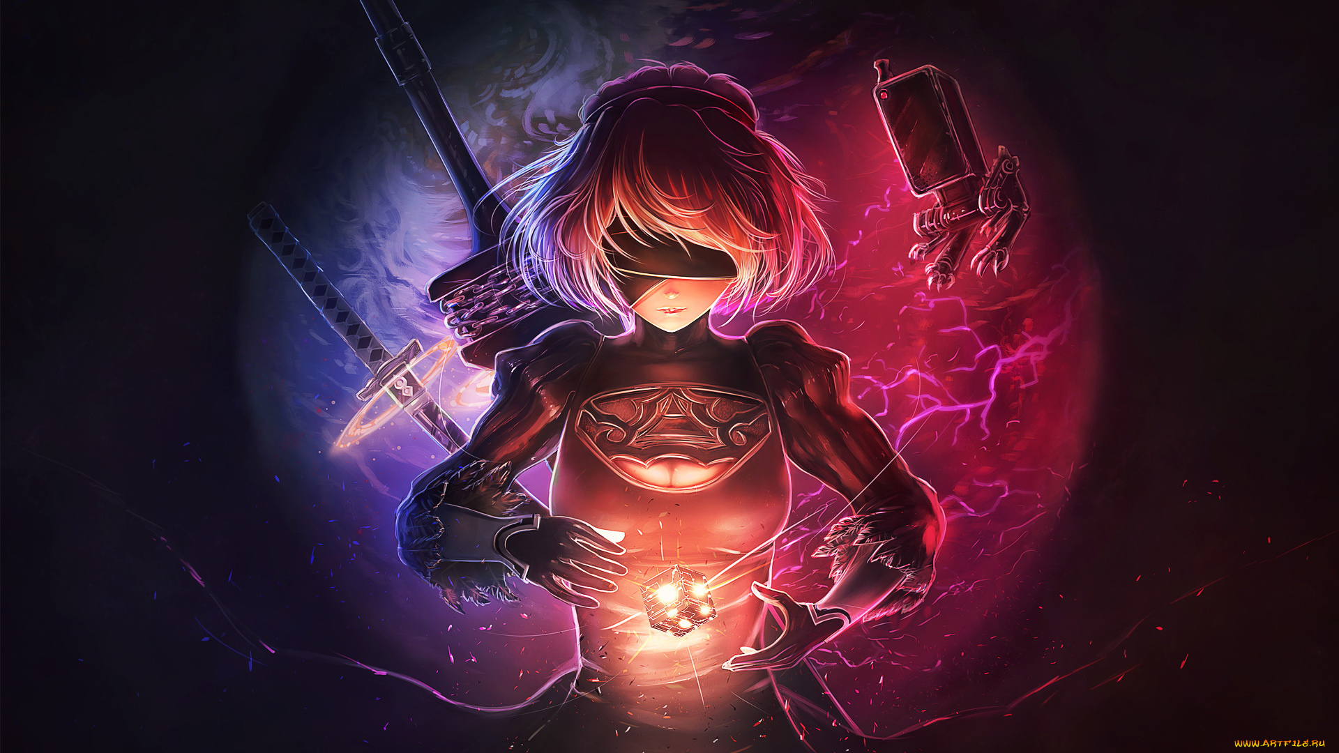 видео, игры, nier, , automata, повязка, кубик, меч, девушка, фон