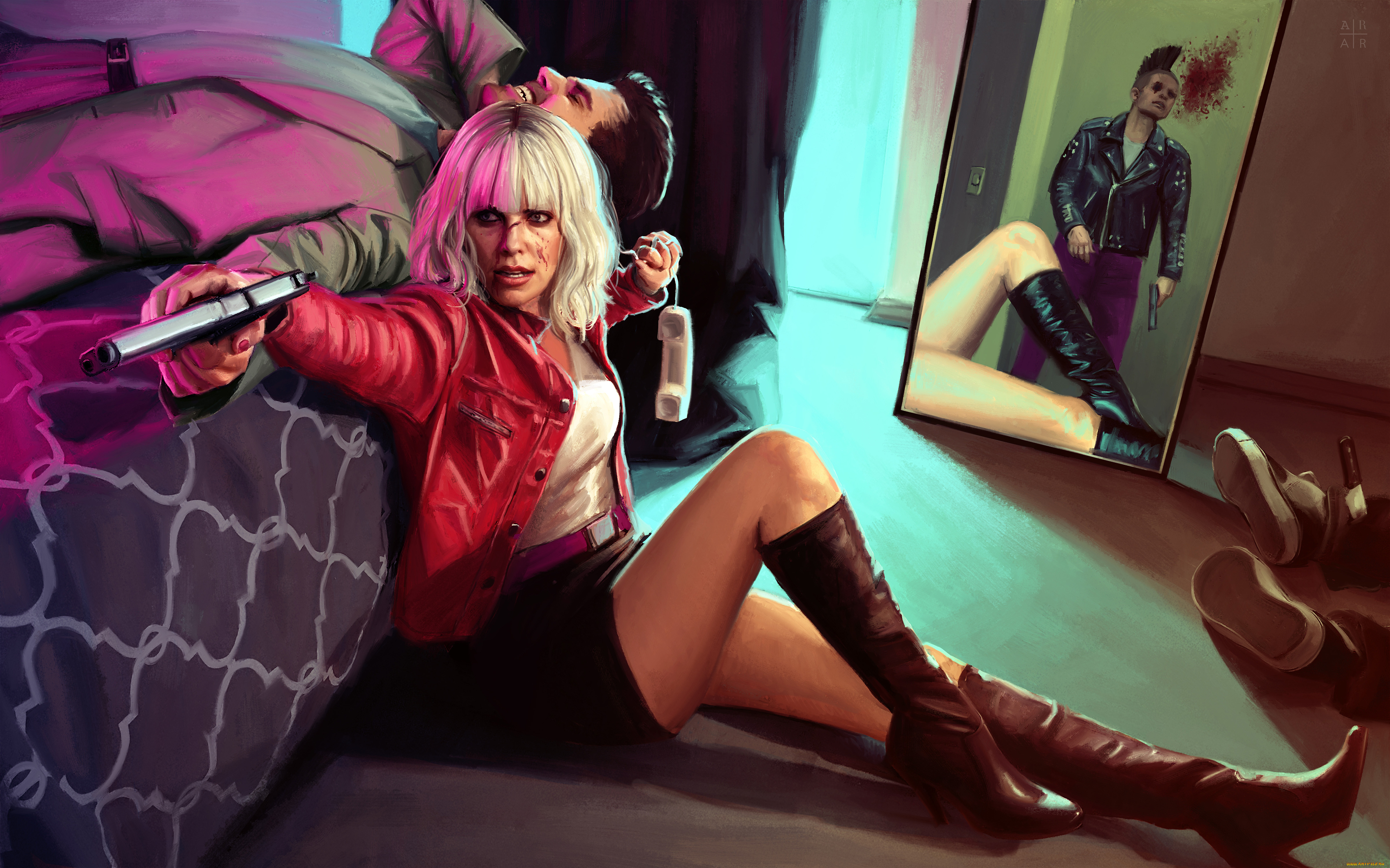 рисованное, кино, пистолет, фон, зеркало, мужчины, девушка