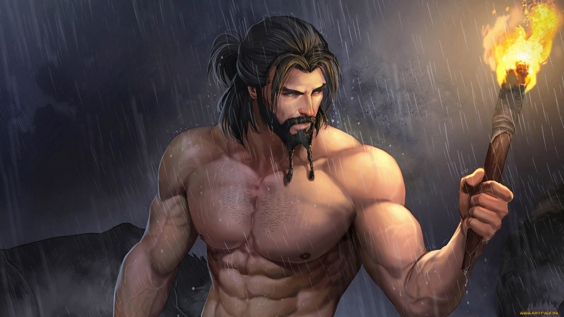 фэнтези, люди, дождь, факел, мужчина, волк