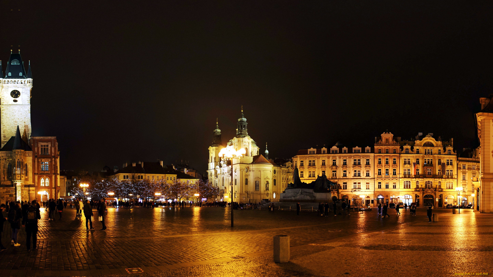 города, прага, , чехия, огни, вечер, площадь