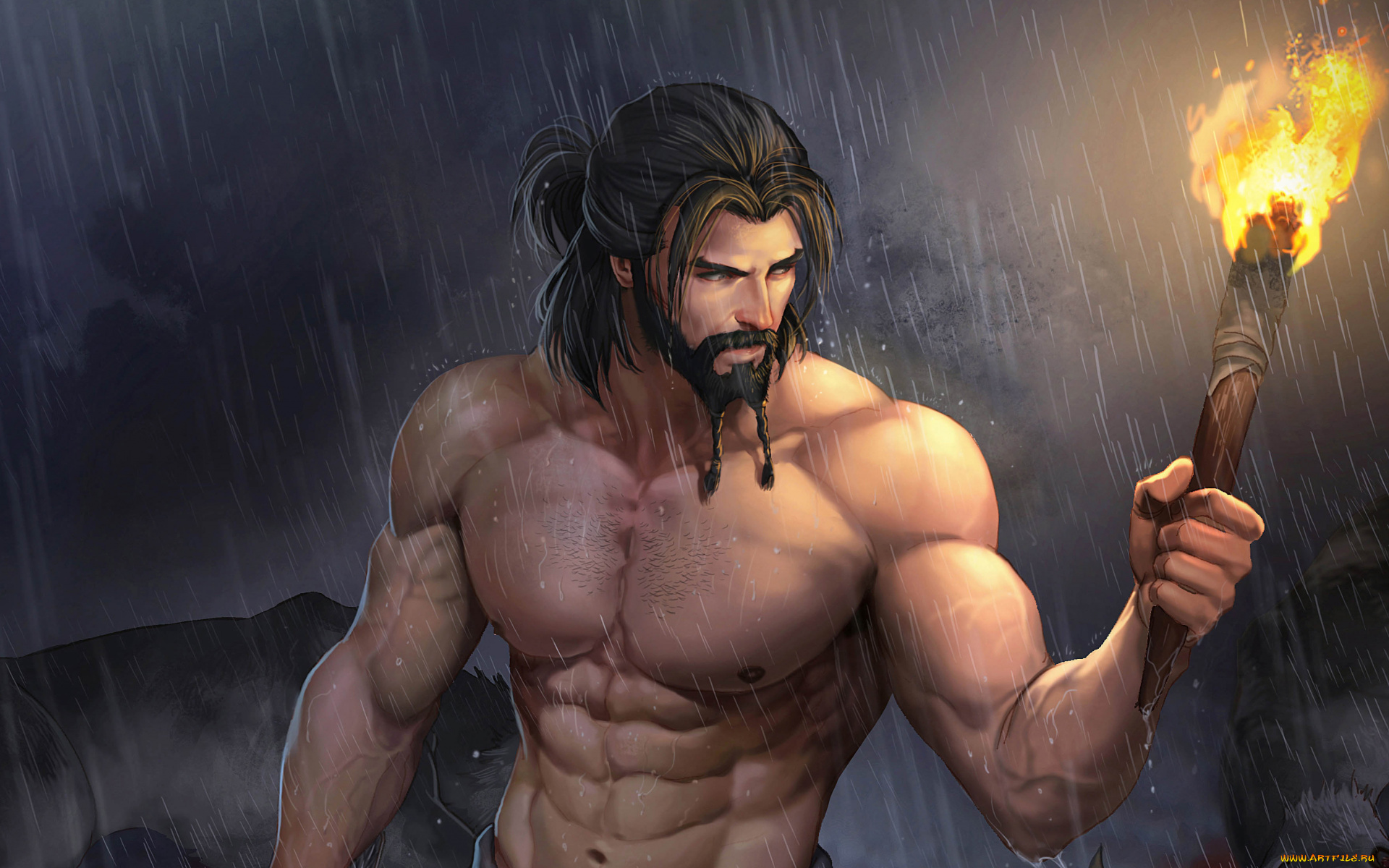 фэнтези, люди, дождь, факел, мужчина, волк