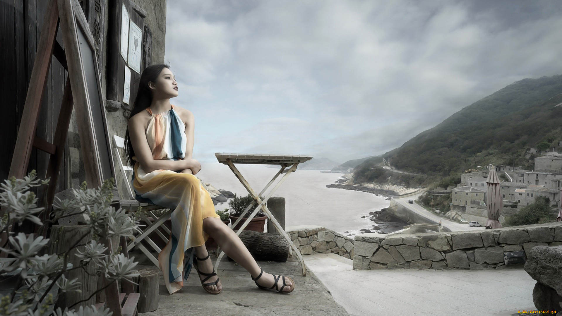 девушки, -, азиатки, горы, залив, азиатка, панорама