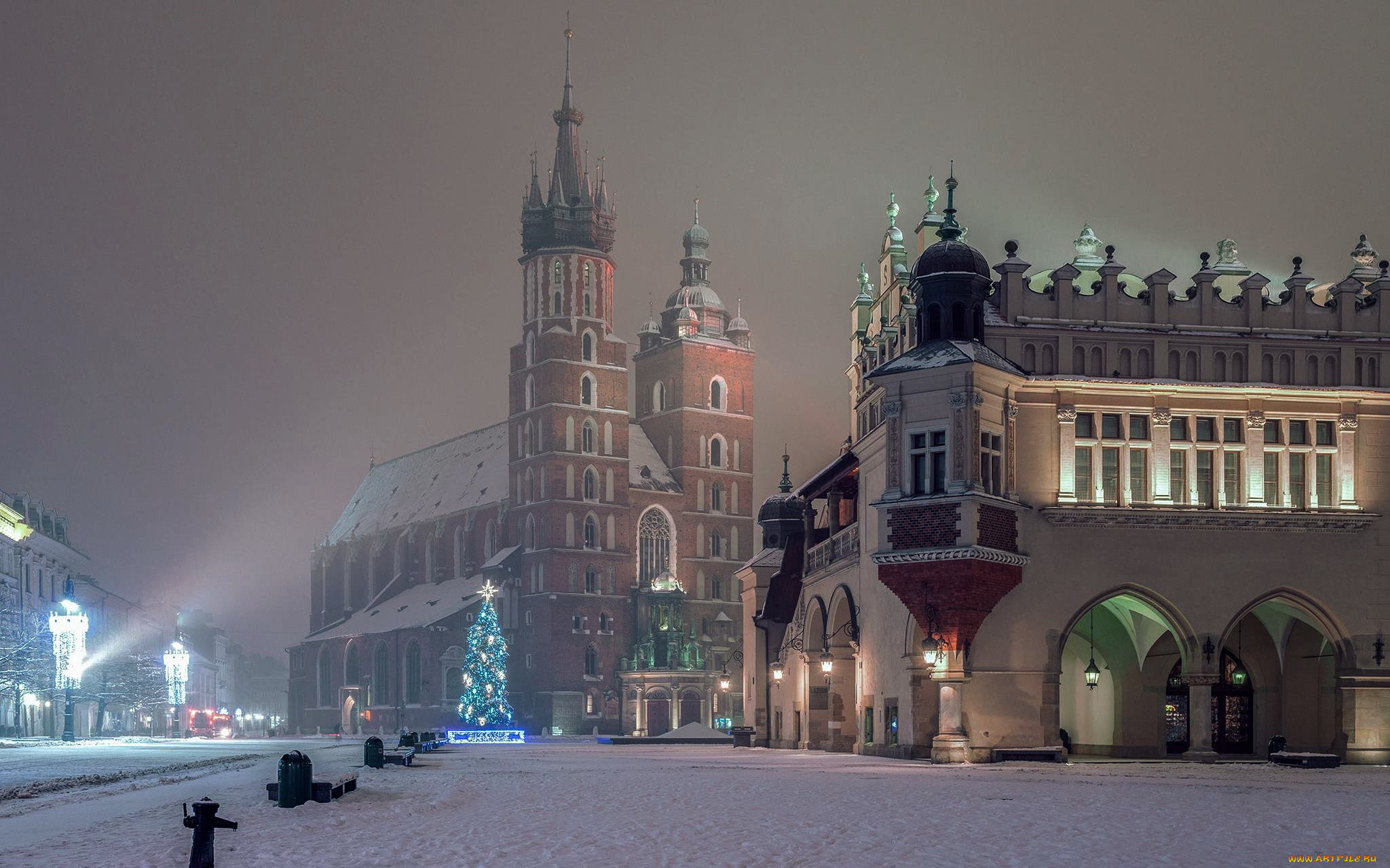 города, краков, , польша, зима, площадь, костел