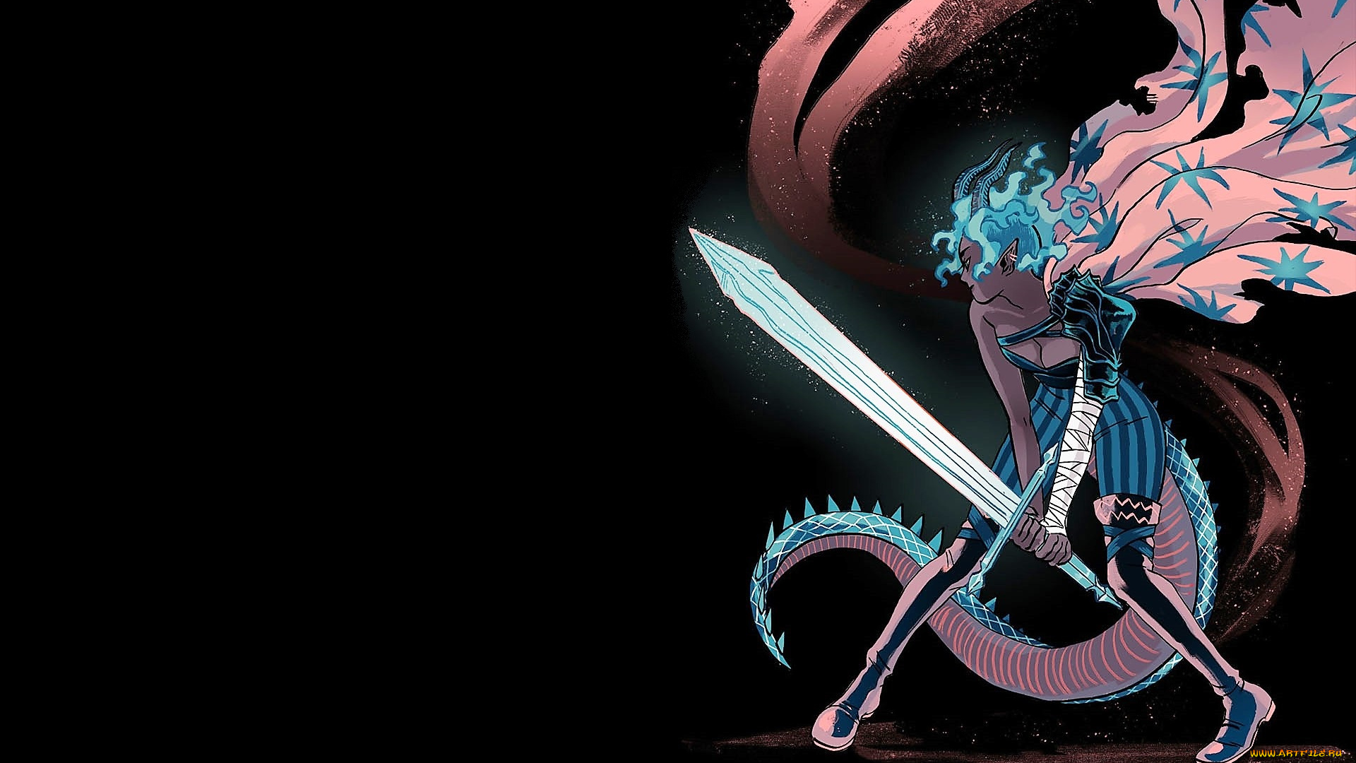 фэнтези, существа, девушка, меч, хвост