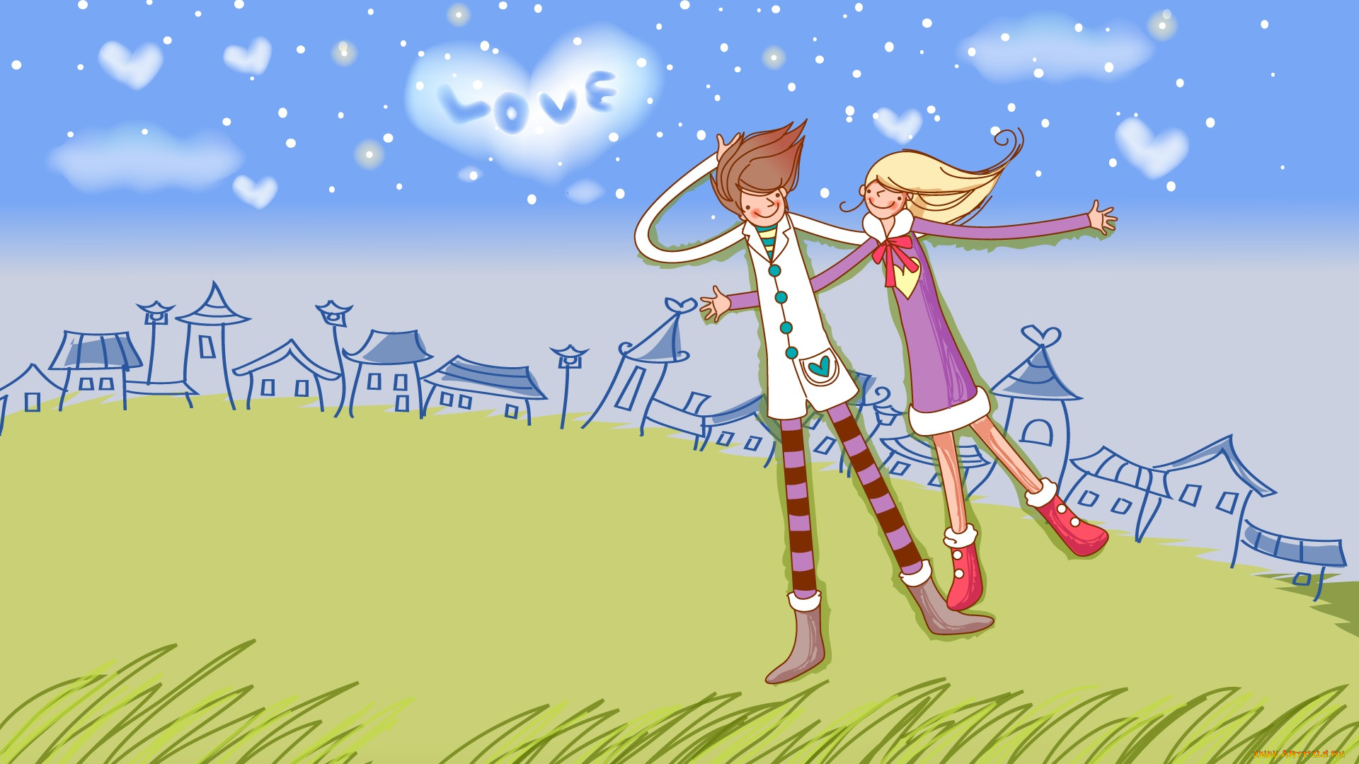 рисованное, праздники, пара, сердечки, любовь, трава, дома