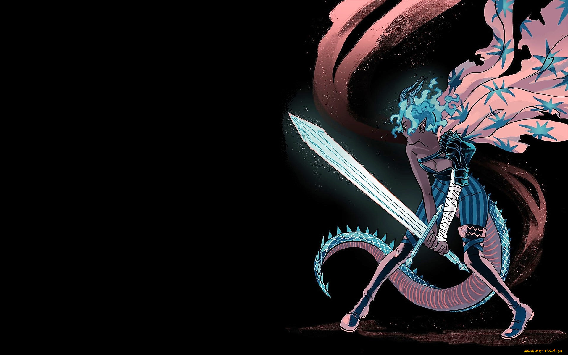 фэнтези, существа, девушка, меч, хвост