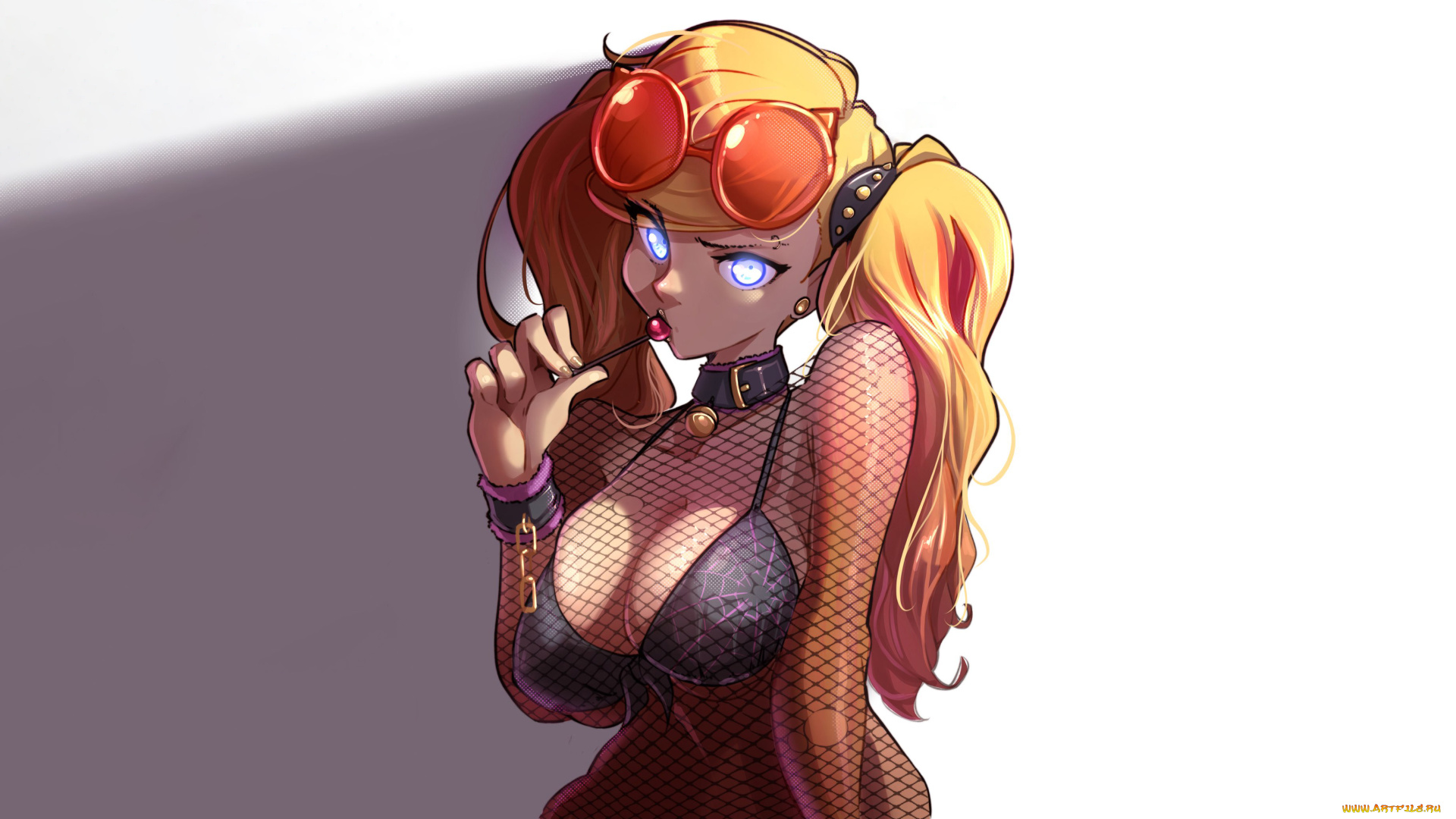 аниме, unknown, , другое, , красотка, в, сетчатом, наряде, с, чупачупсом