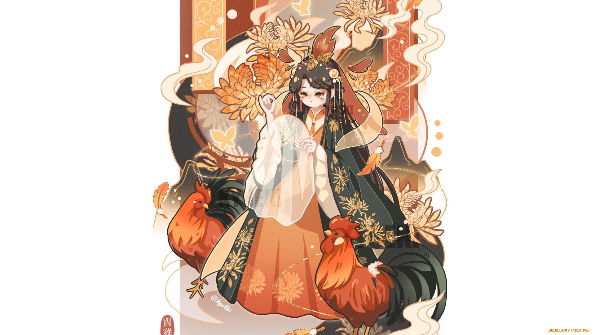 аниме, животные, , существа, девушка, цветы, петухи