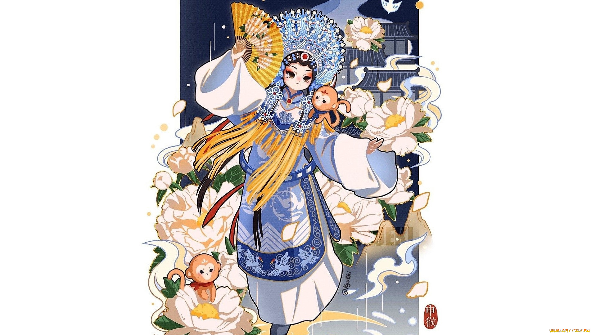 аниме, животные, , существа, девушка, веер, обезьяны, цветы