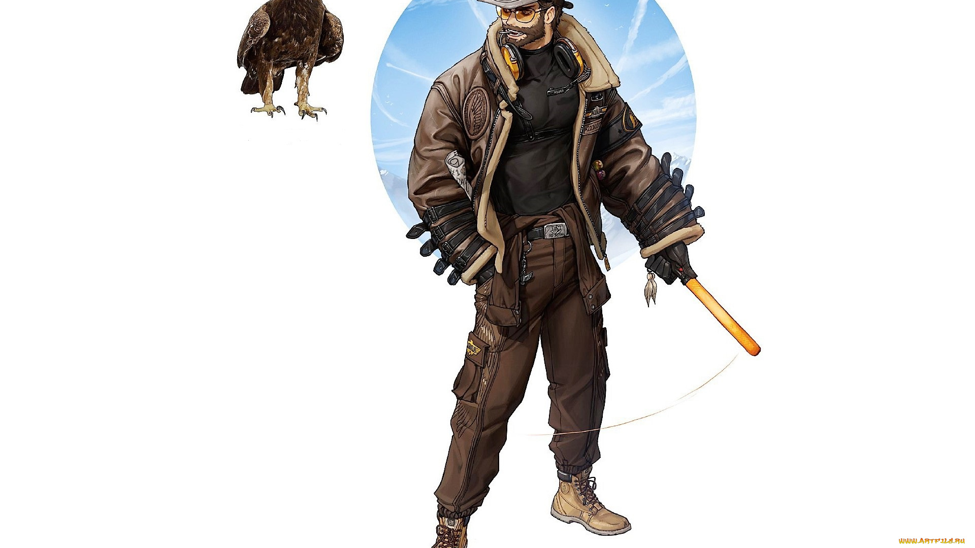 аниме, животные, , существа, мужчина, кепка, очки, куртка, палка, орел