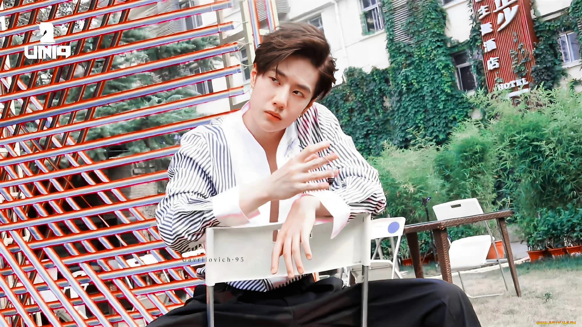 мужчины, wang, yi, bo, рубашка, стул, решетка