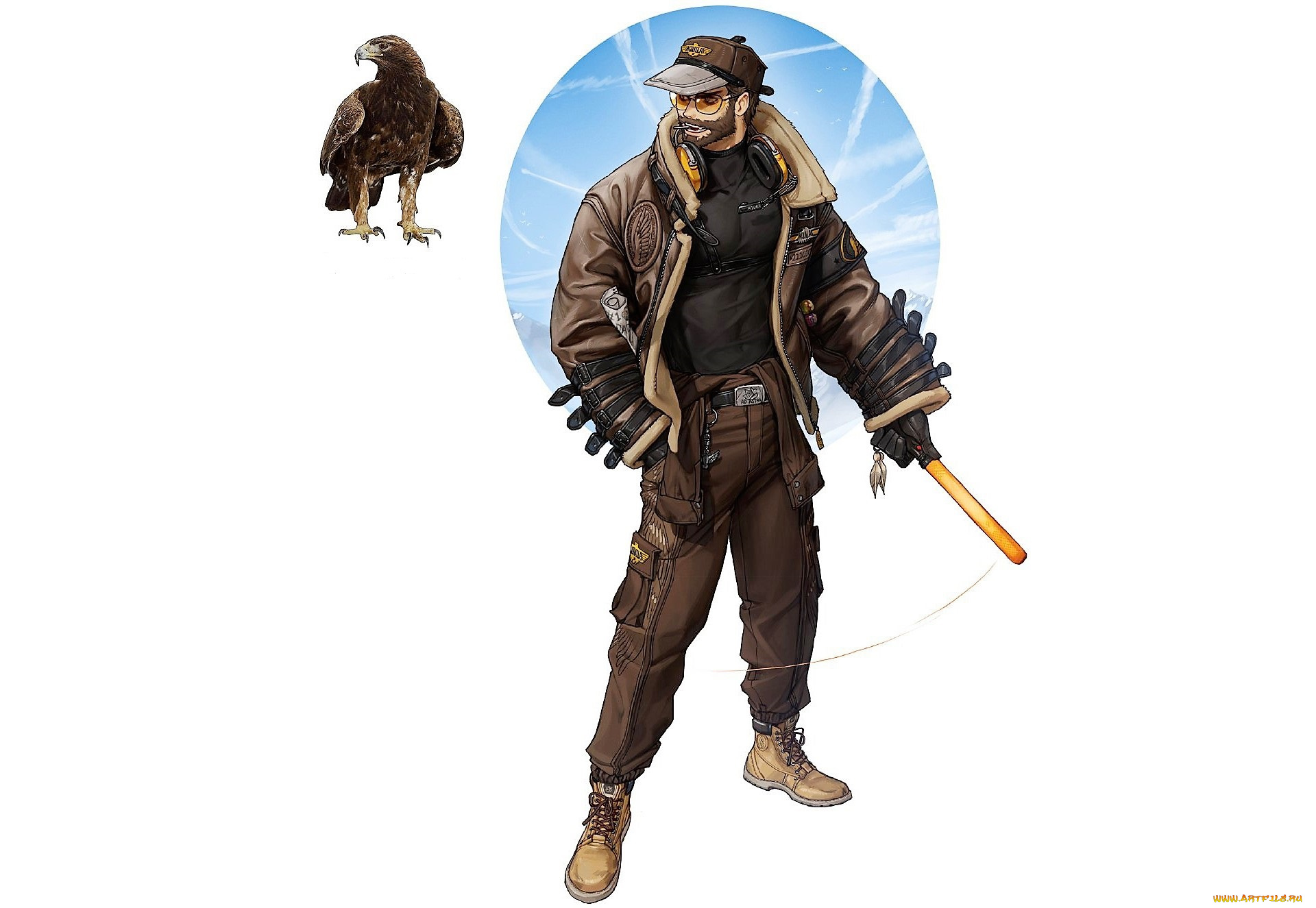 аниме, животные, , существа, мужчина, кепка, очки, куртка, палка, орел