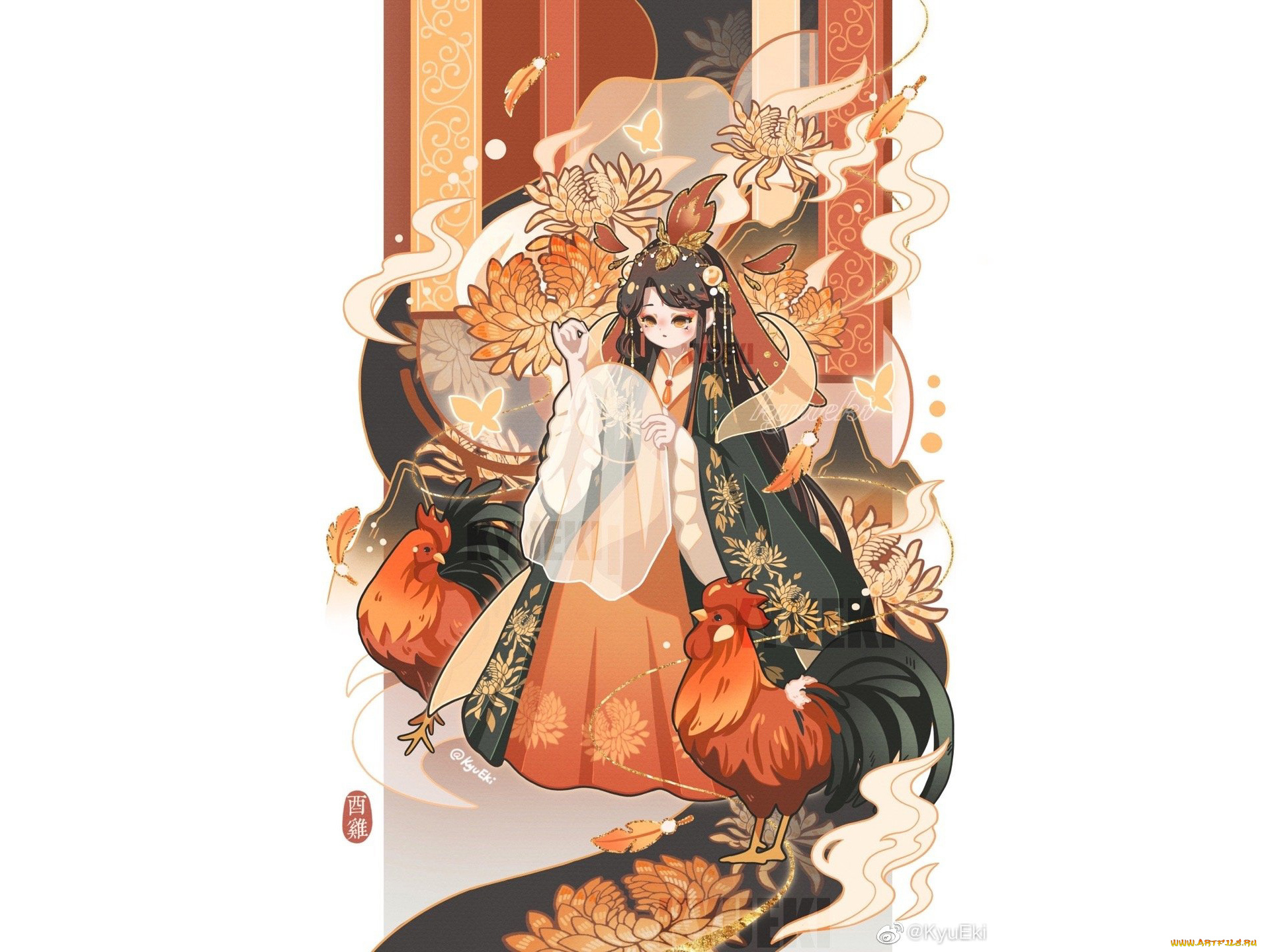 аниме, животные, , существа, девушка, цветы, петухи