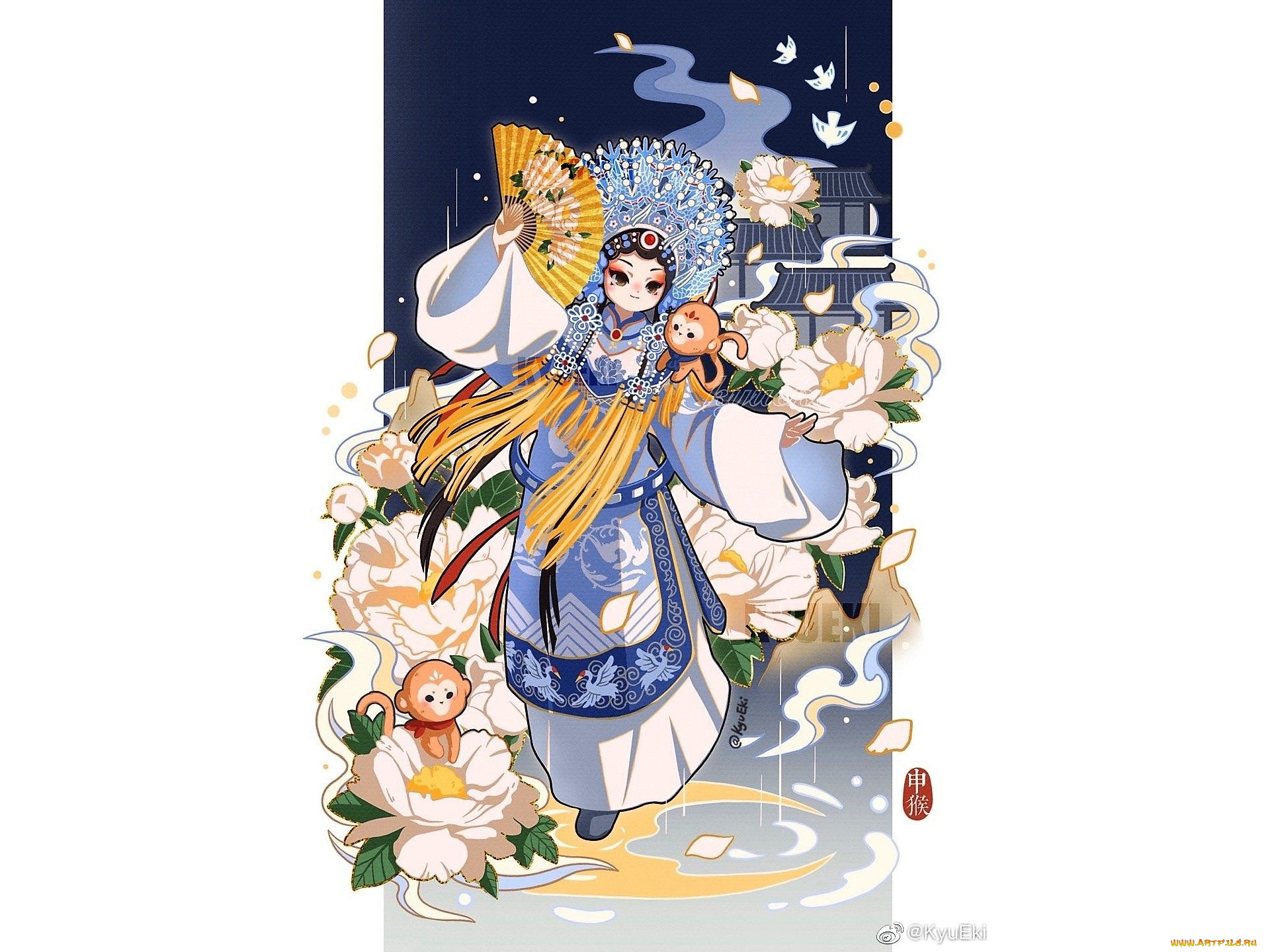 аниме, животные, , существа, девушка, веер, обезьяны, цветы