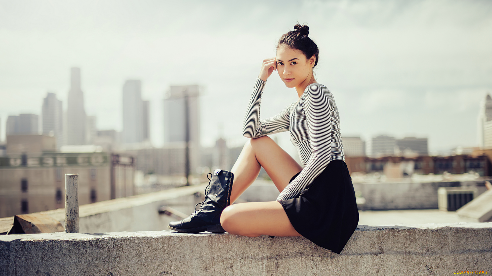 девушки, -, брюнетки, , шатенки, девушка, сидит, крыша, сапoги, город