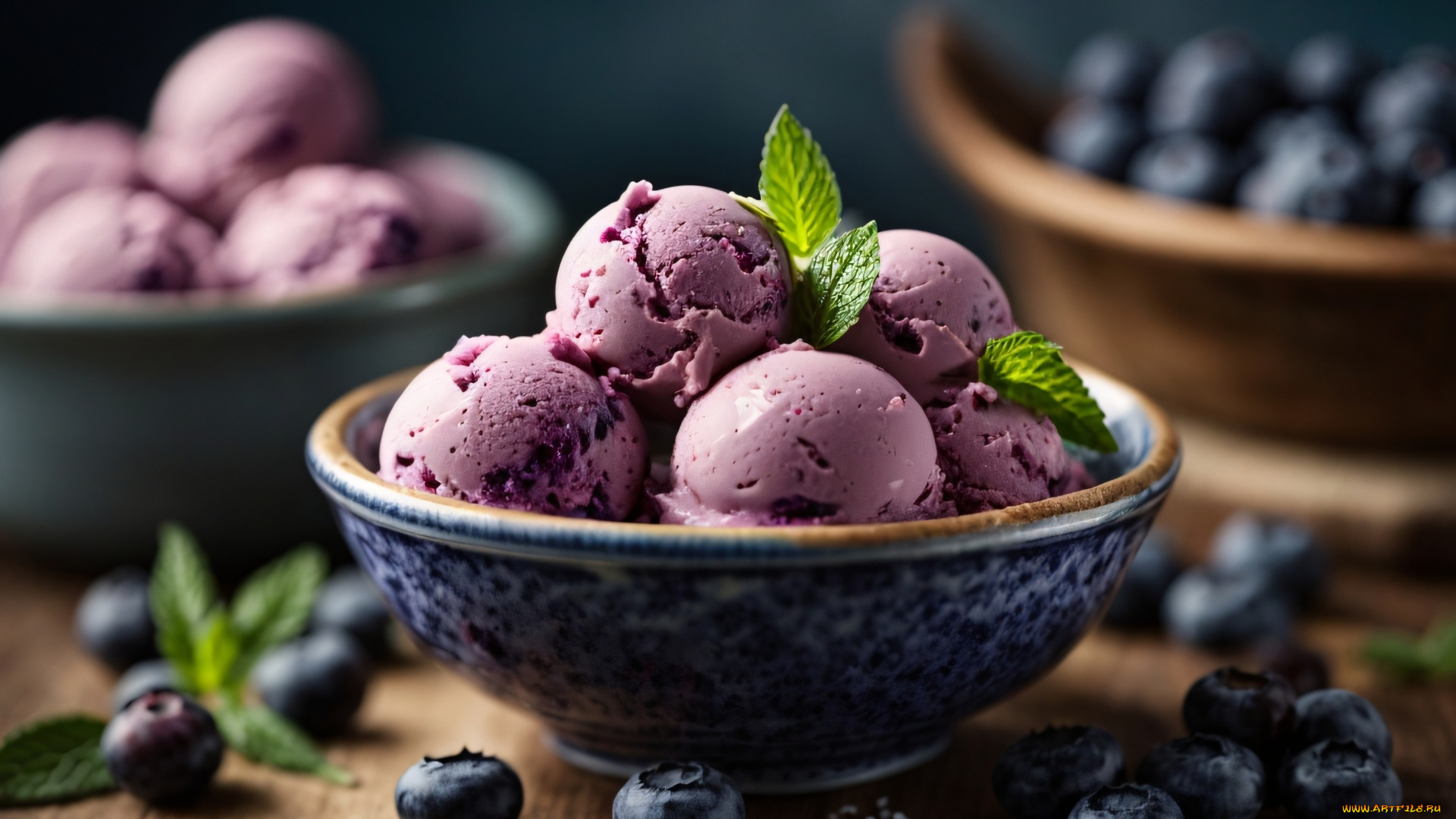 еда, мороженое, , десерты, мята, ягоды, черника
