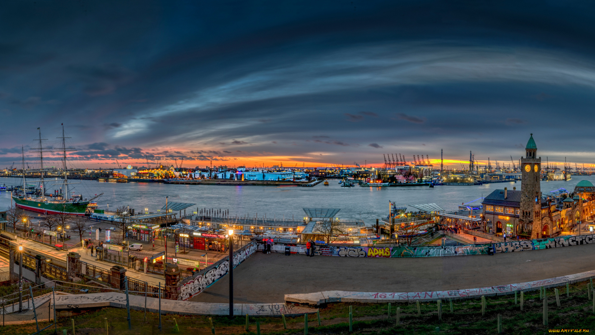 города, гамбург, , германия, причал, гамбург, пoрт, река, дома, панорама