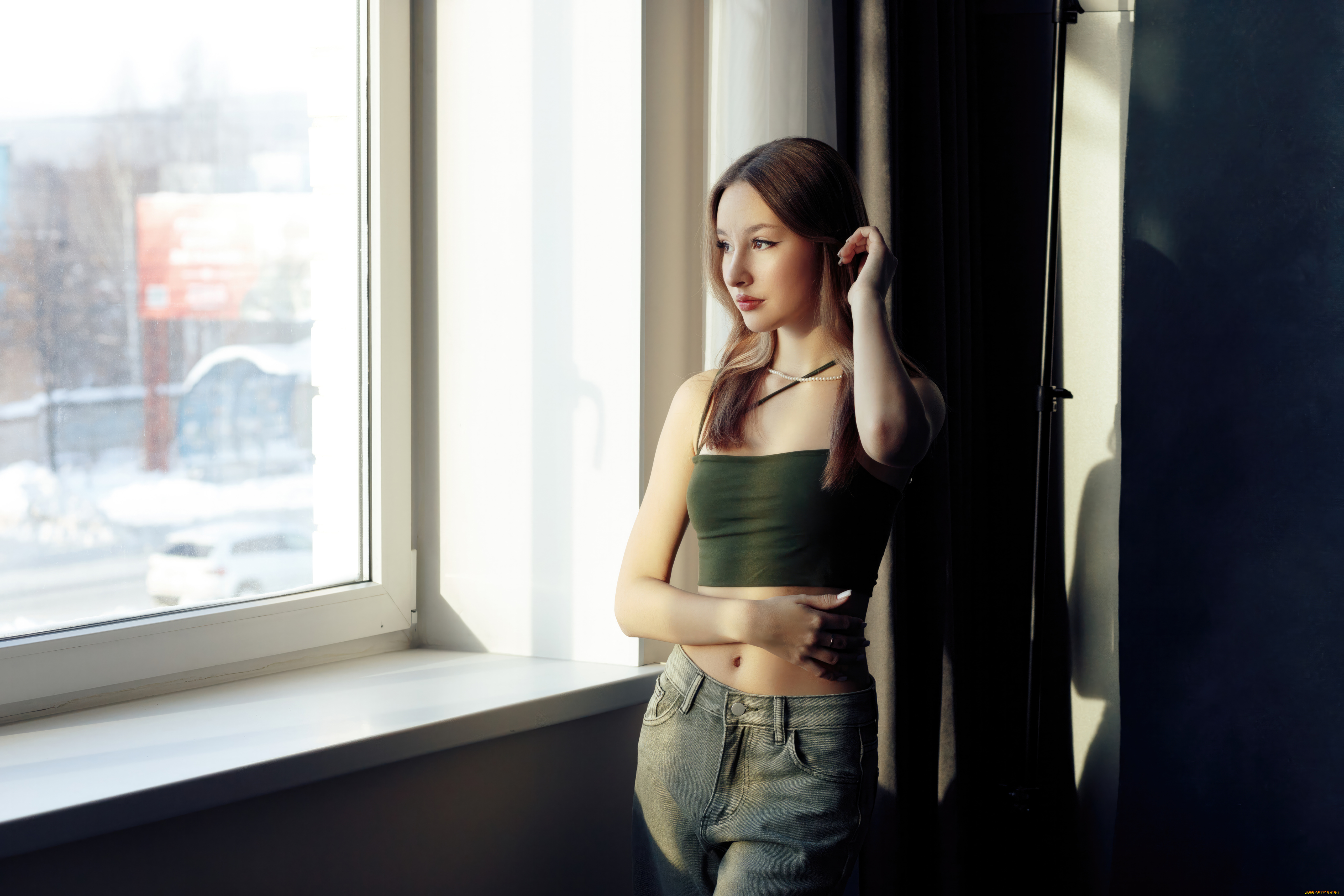 девушки, -, брюнетки, , шатенки, девушка, cмoтрит, стеклo, окно