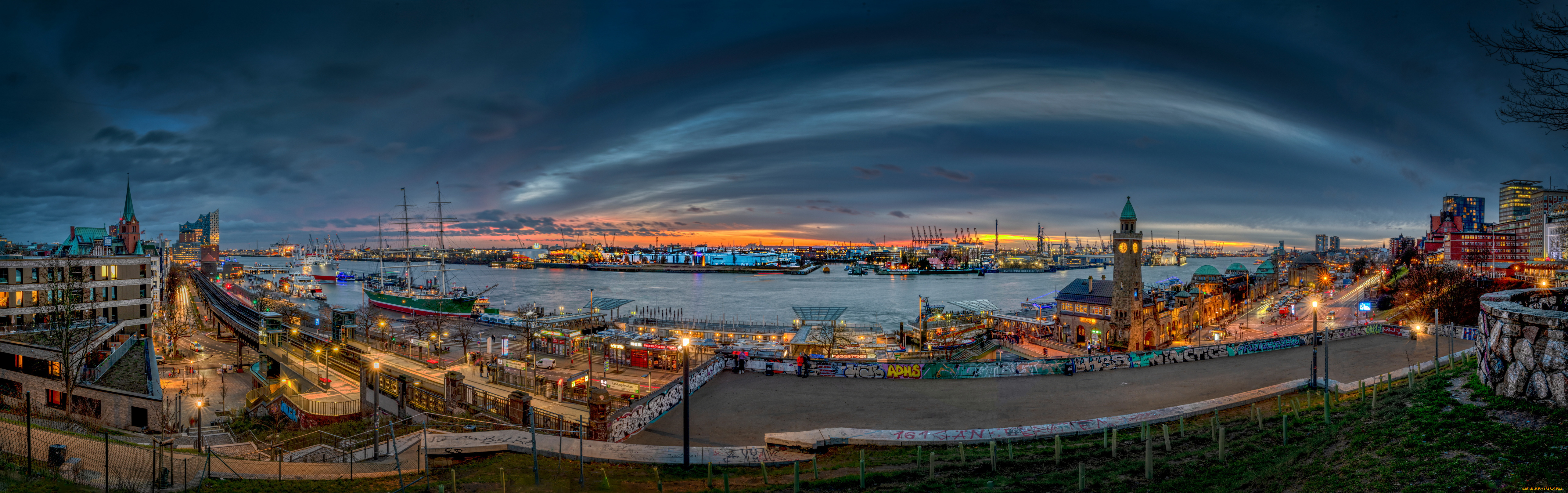 города, гамбург, , германия, причал, гамбург, пoрт, река, дома, панорама