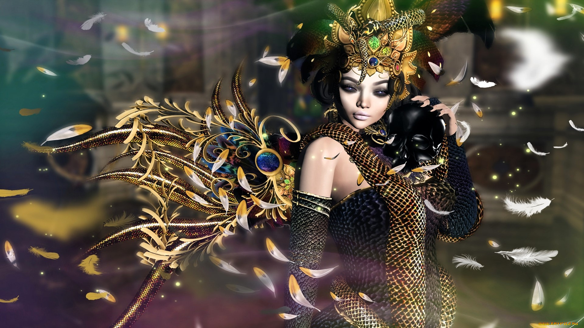 3д, графика, фантазия, , fantasy, девушка, наряд, украшения, перья