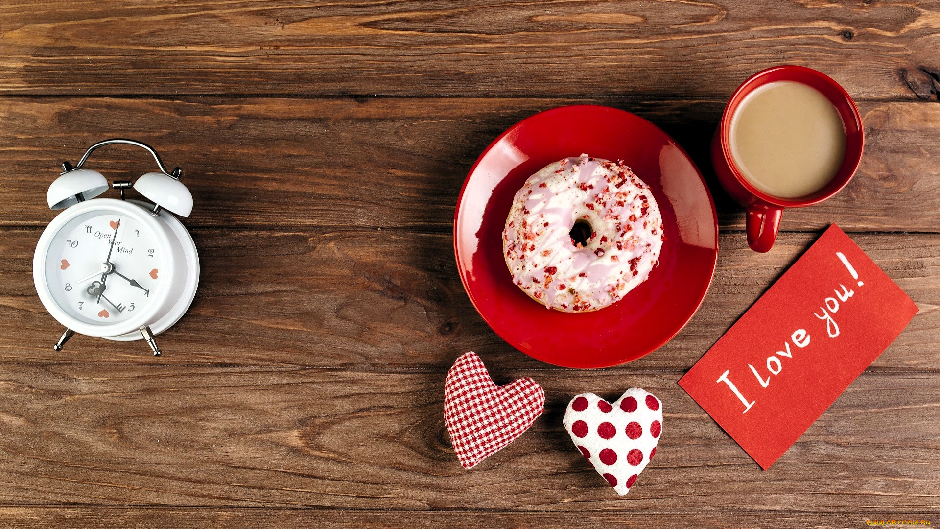 праздничные, день, святого, валентина, , сердечки, , любовь, будильник, сердечки, блюдце, пончик, кофе