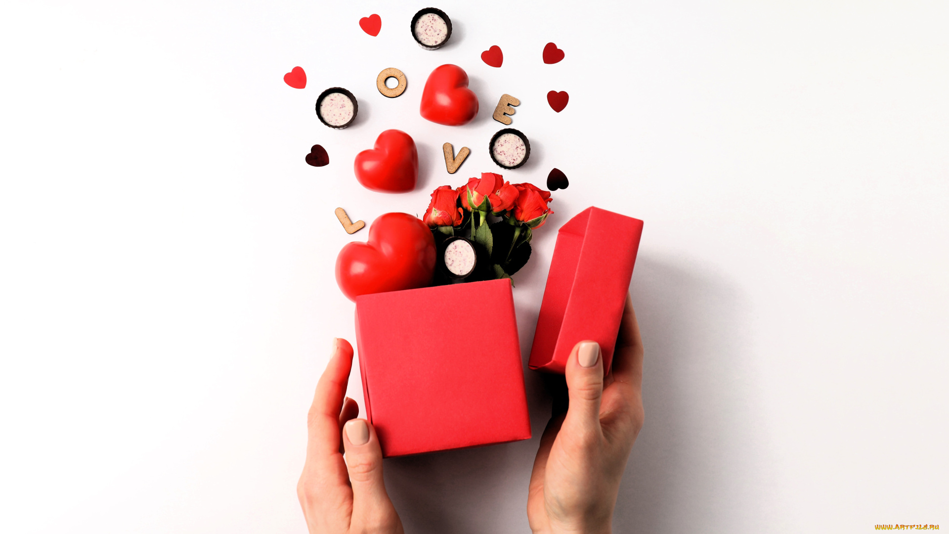 праздничные, день, святого, валентина, , сердечки, , любовь, руки, коробка, сердечки, розы, конфеты