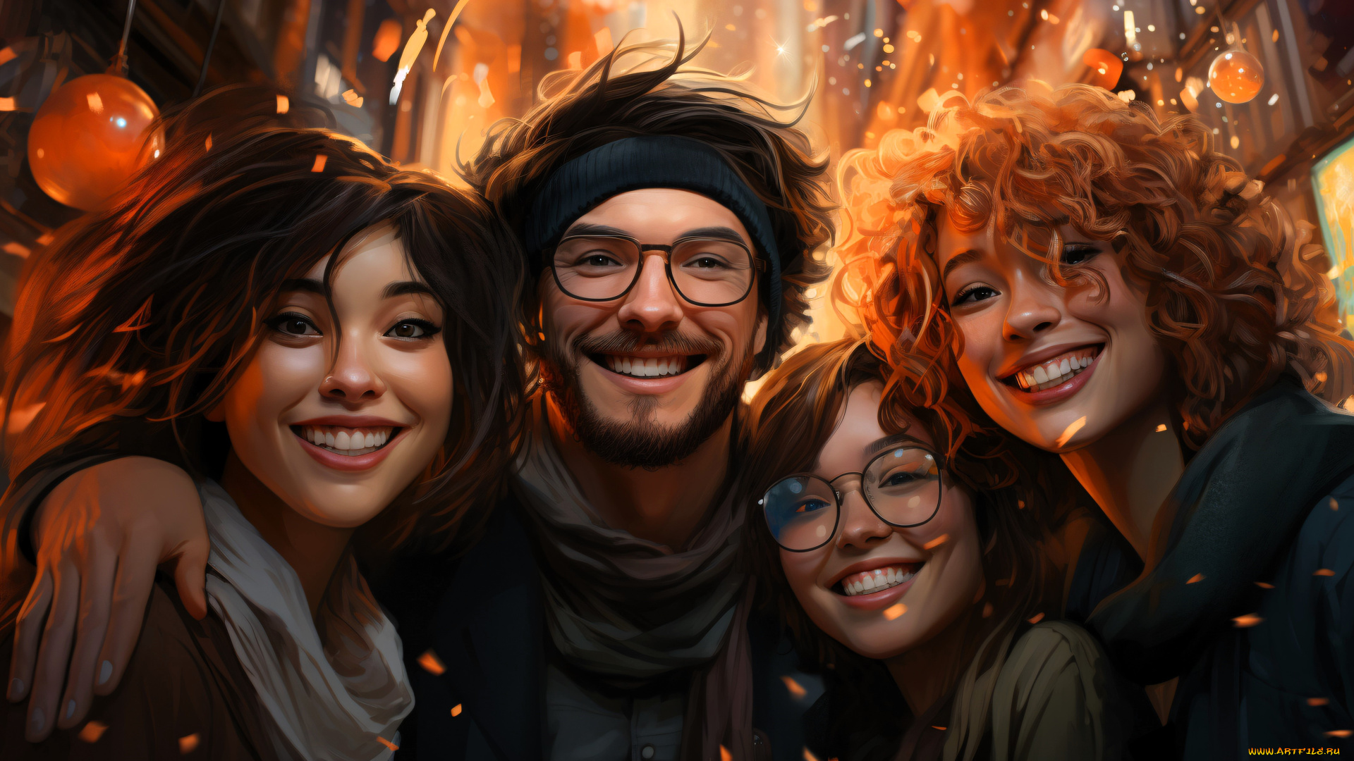 рисованное, люди, лица, очки, радость, праздник, улица