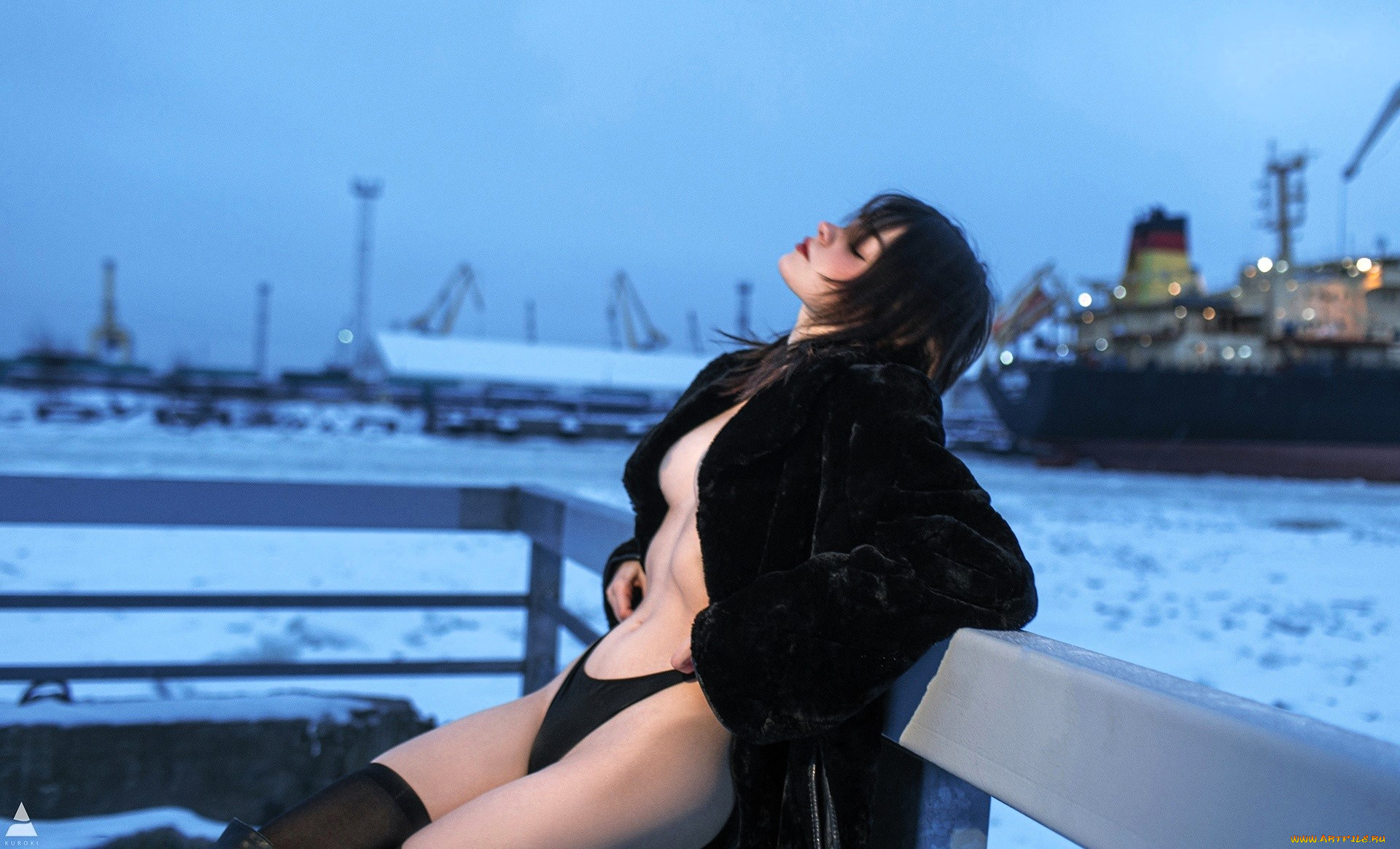 девушки, tenletters, брюнетка, шуба, белье, зима, снег, лед, море, порт