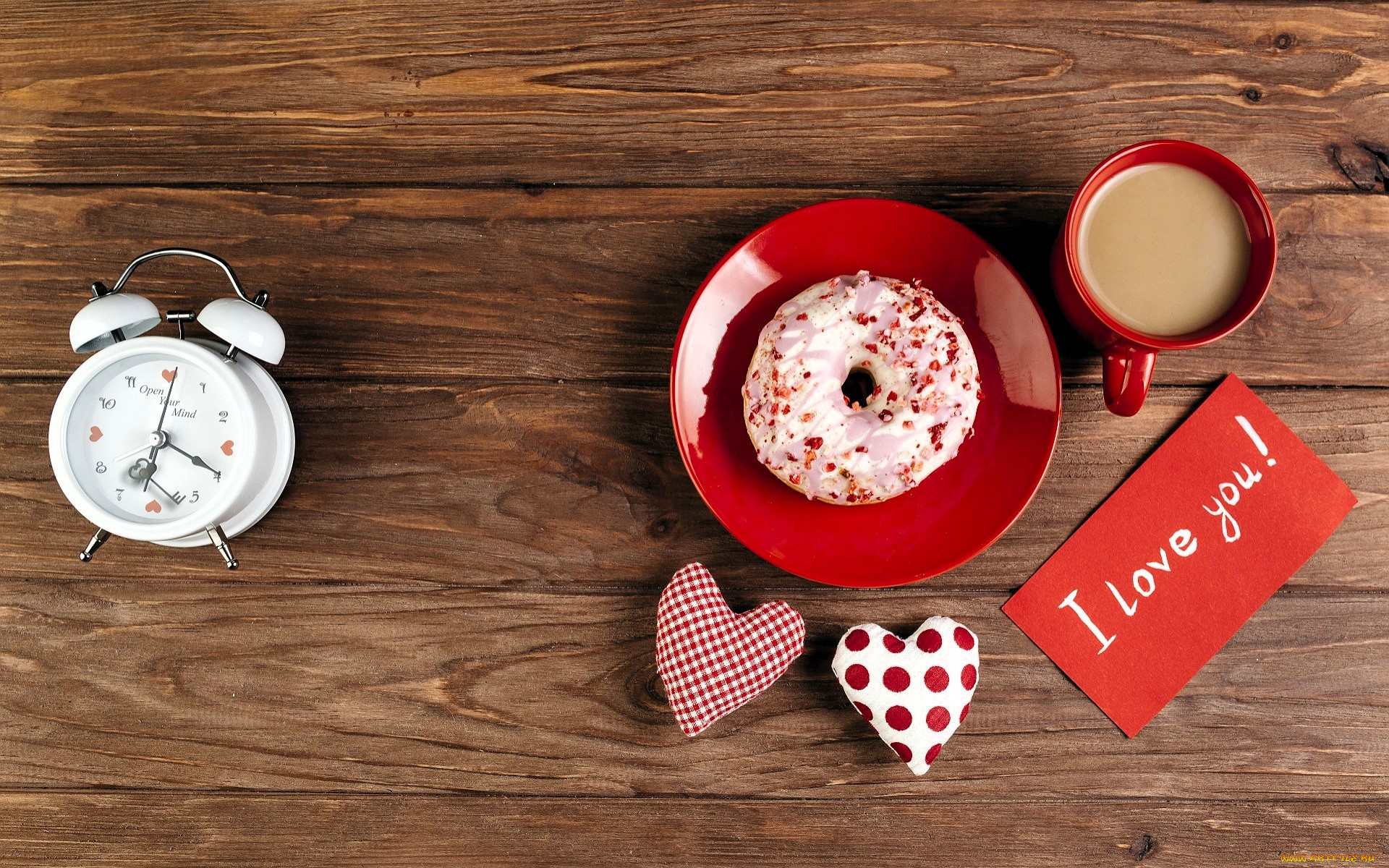 праздничные, день, святого, валентина, , сердечки, , любовь, будильник, сердечки, блюдце, пончик, кофе