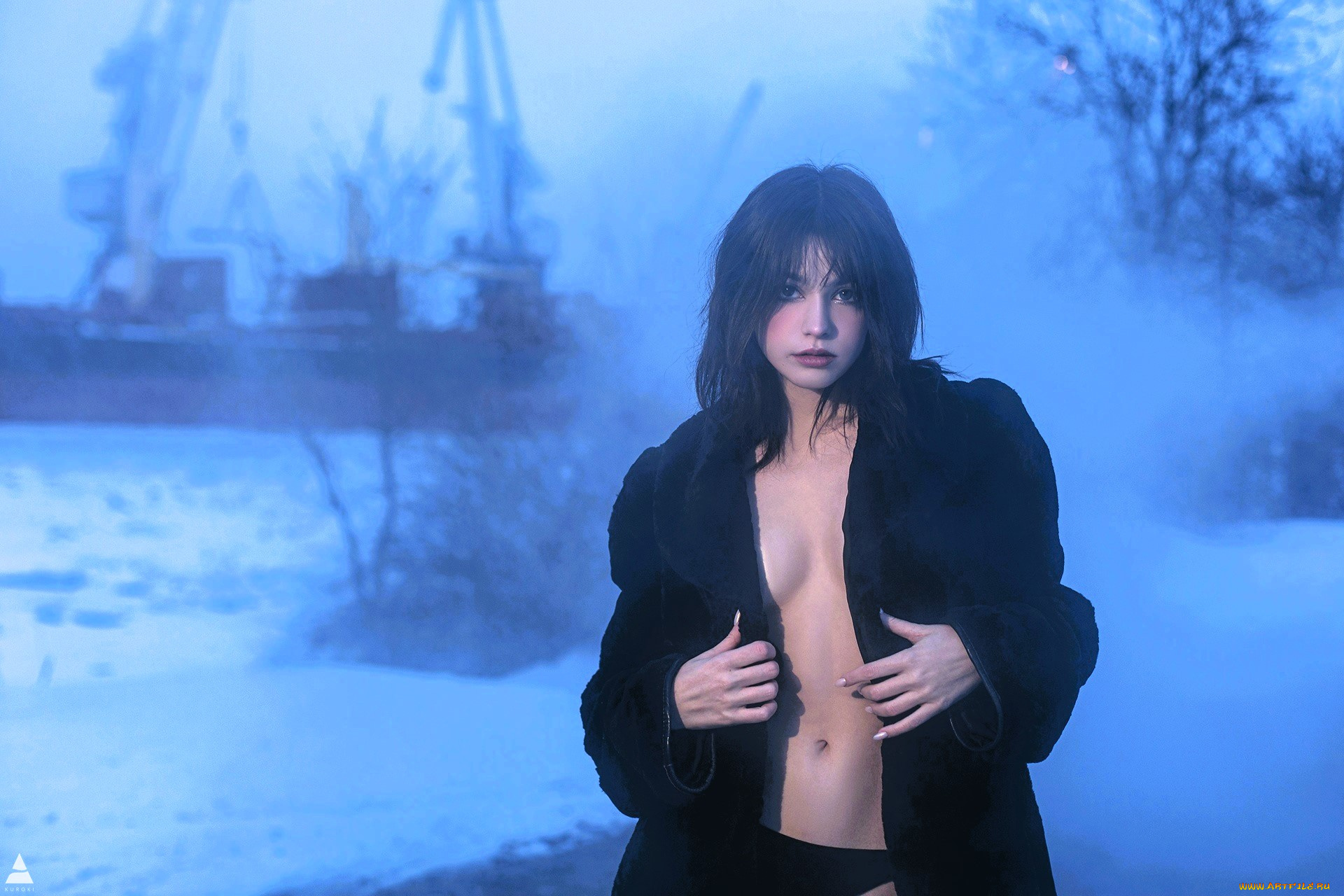 девушки, tenletters, брюнетка, шуба, белье, зима, снег, лед, море, порт