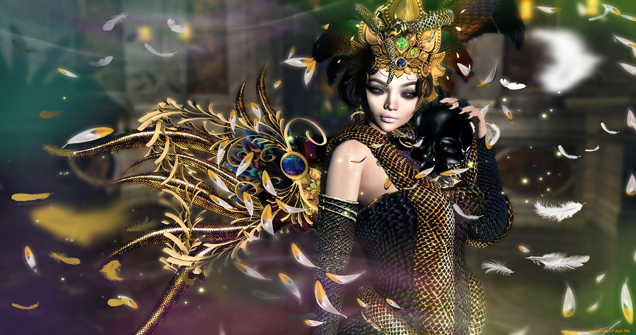 3д, графика, фантазия, , fantasy, девушка, наряд, украшения, перья