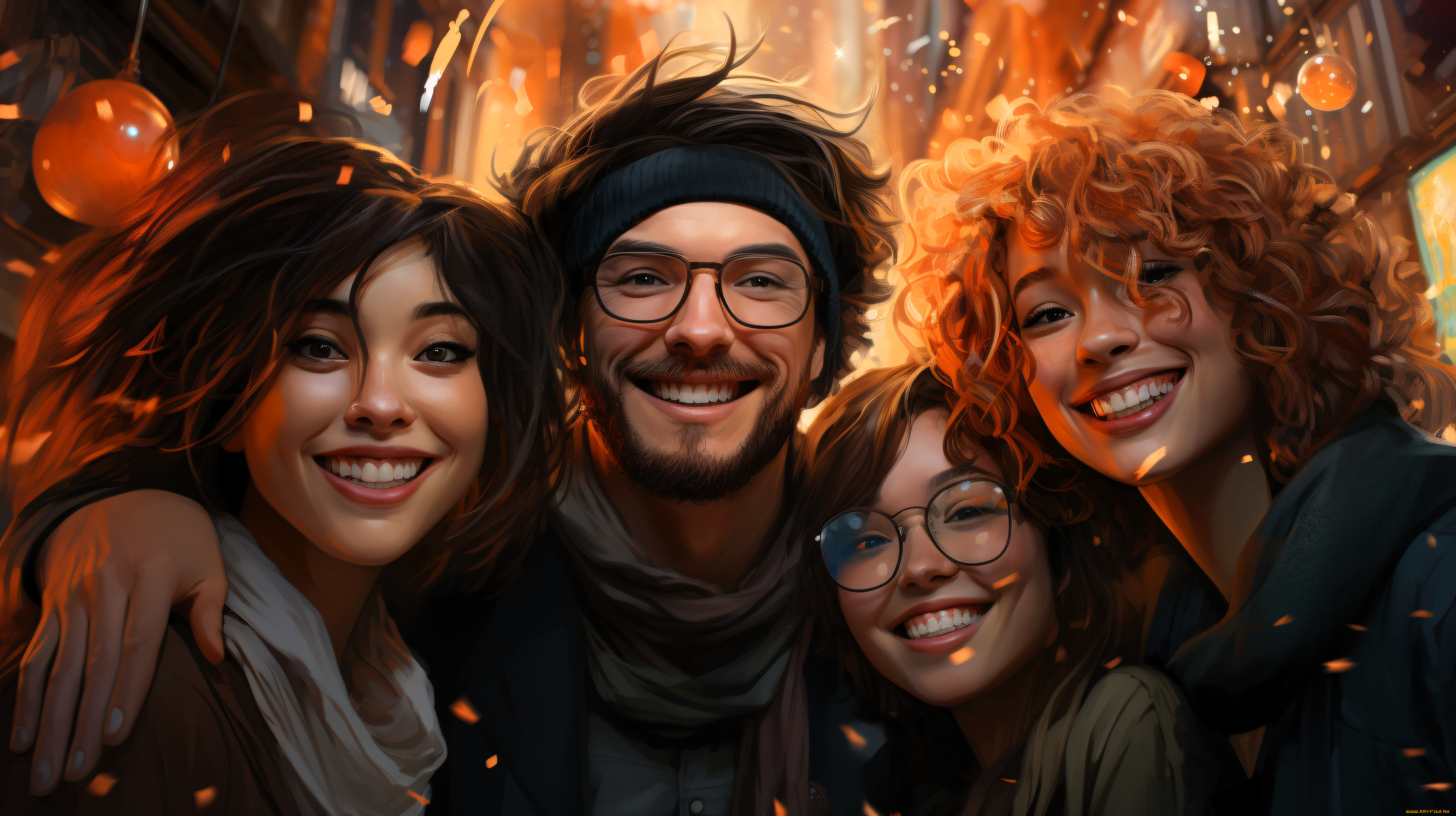 рисованное, люди, лица, очки, радость, праздник, улица