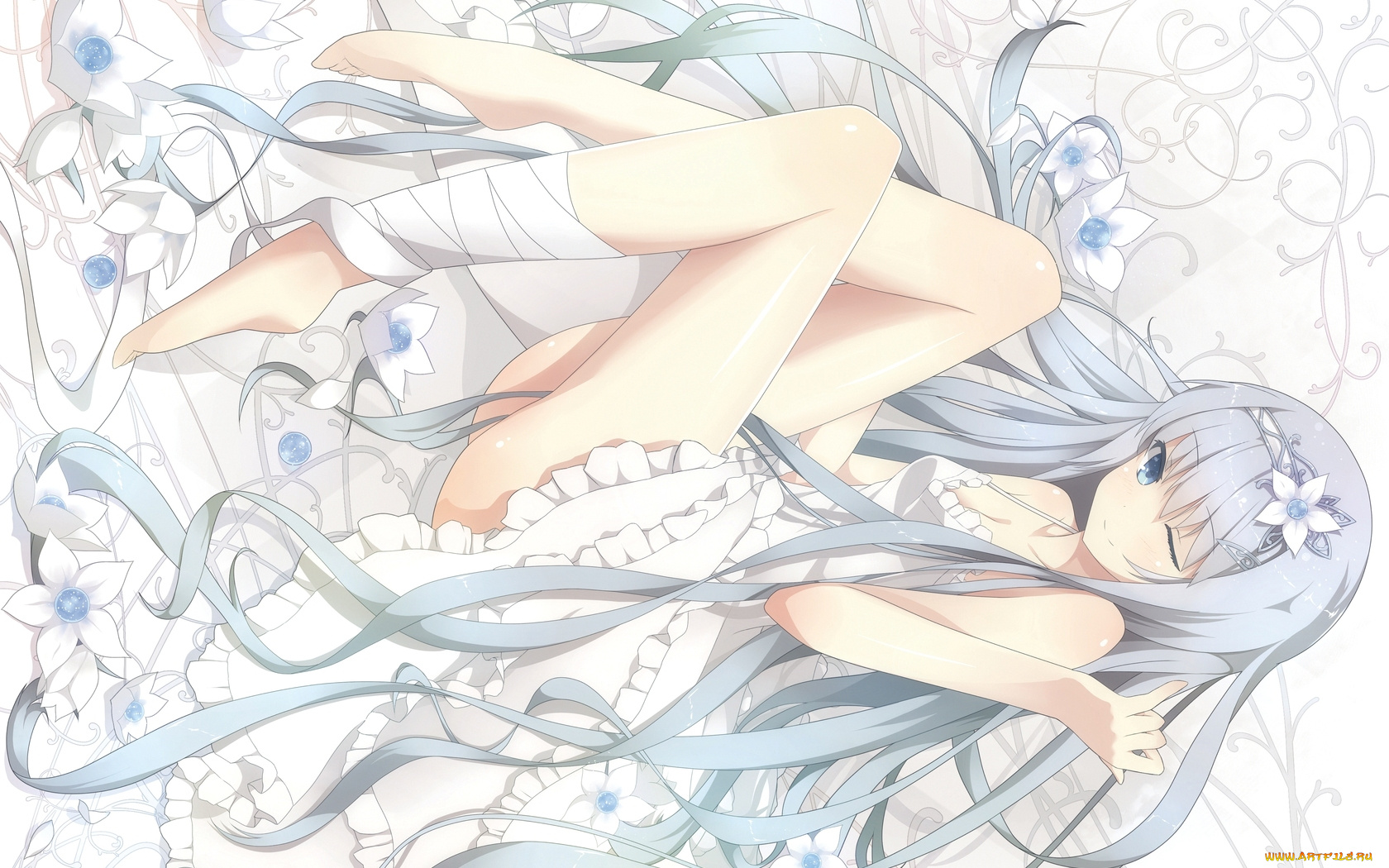 аниме, *unknown, другое, девушка, ginkami, цветы, лента, лежит