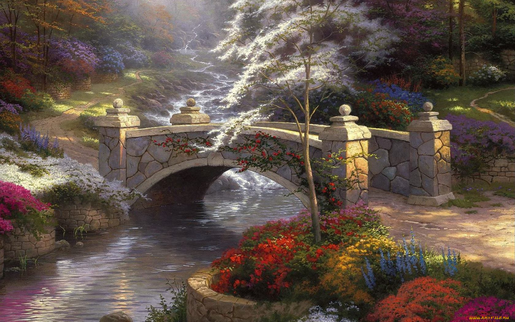bridge, of, hope, рисованные, thomas, kinkade, мостик, nature, живопись, томас, кинкейд, painting, речка, природа