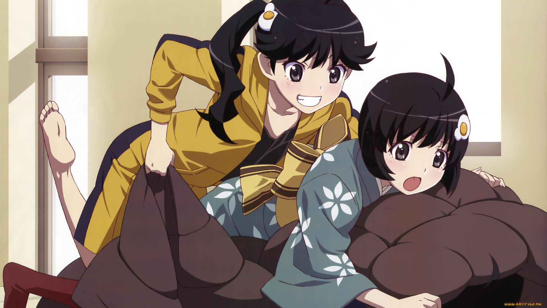 аниме, bakemonogatari, девушки, araragi, karen, araragi, tsukihi, форма, кимоно, заколка, комната