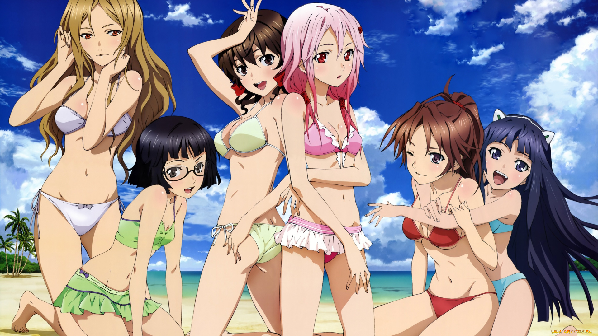 аниме, guilty, crown, пляж, девушки