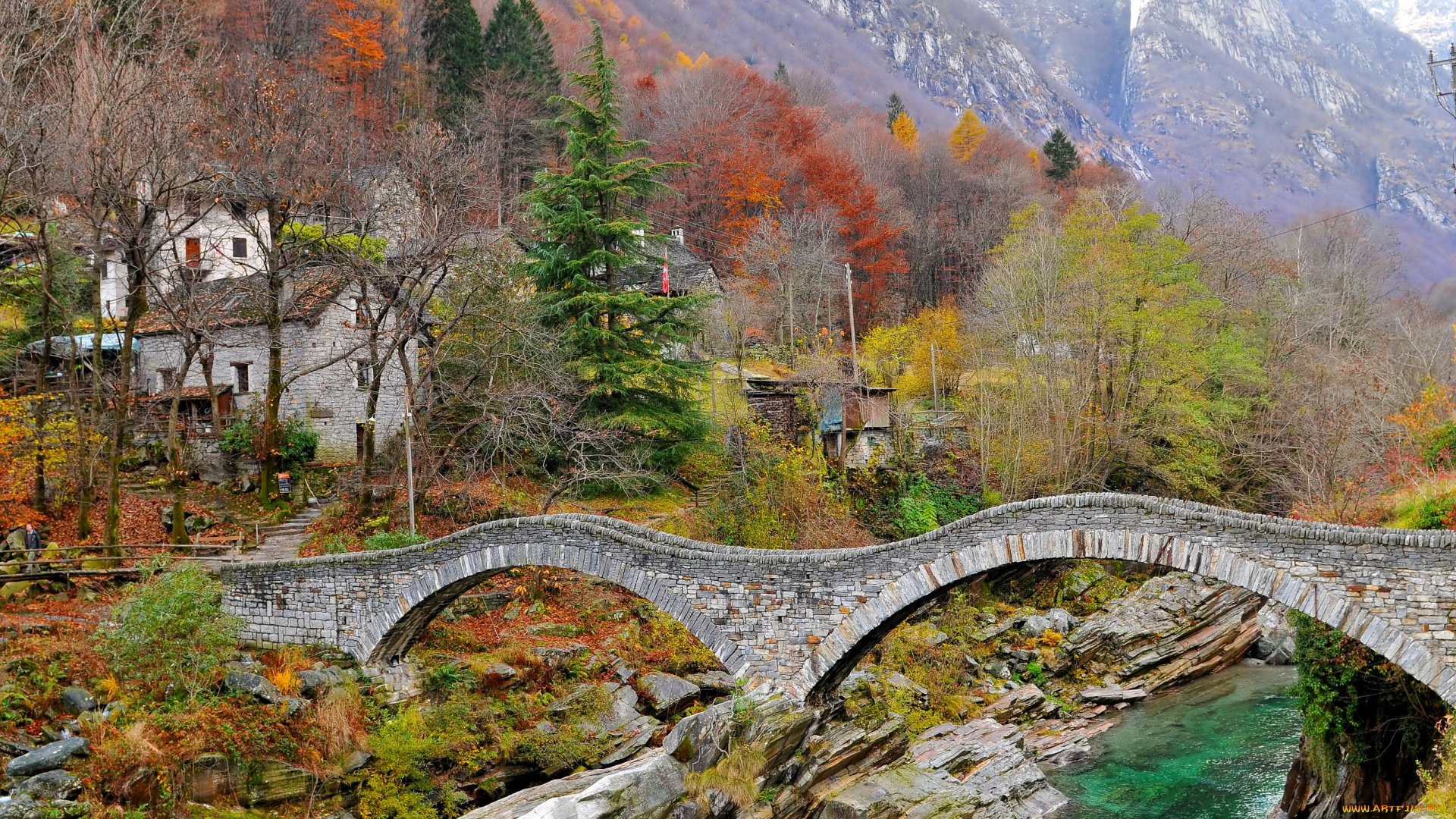 города, мосты, домик, лес, горы, река