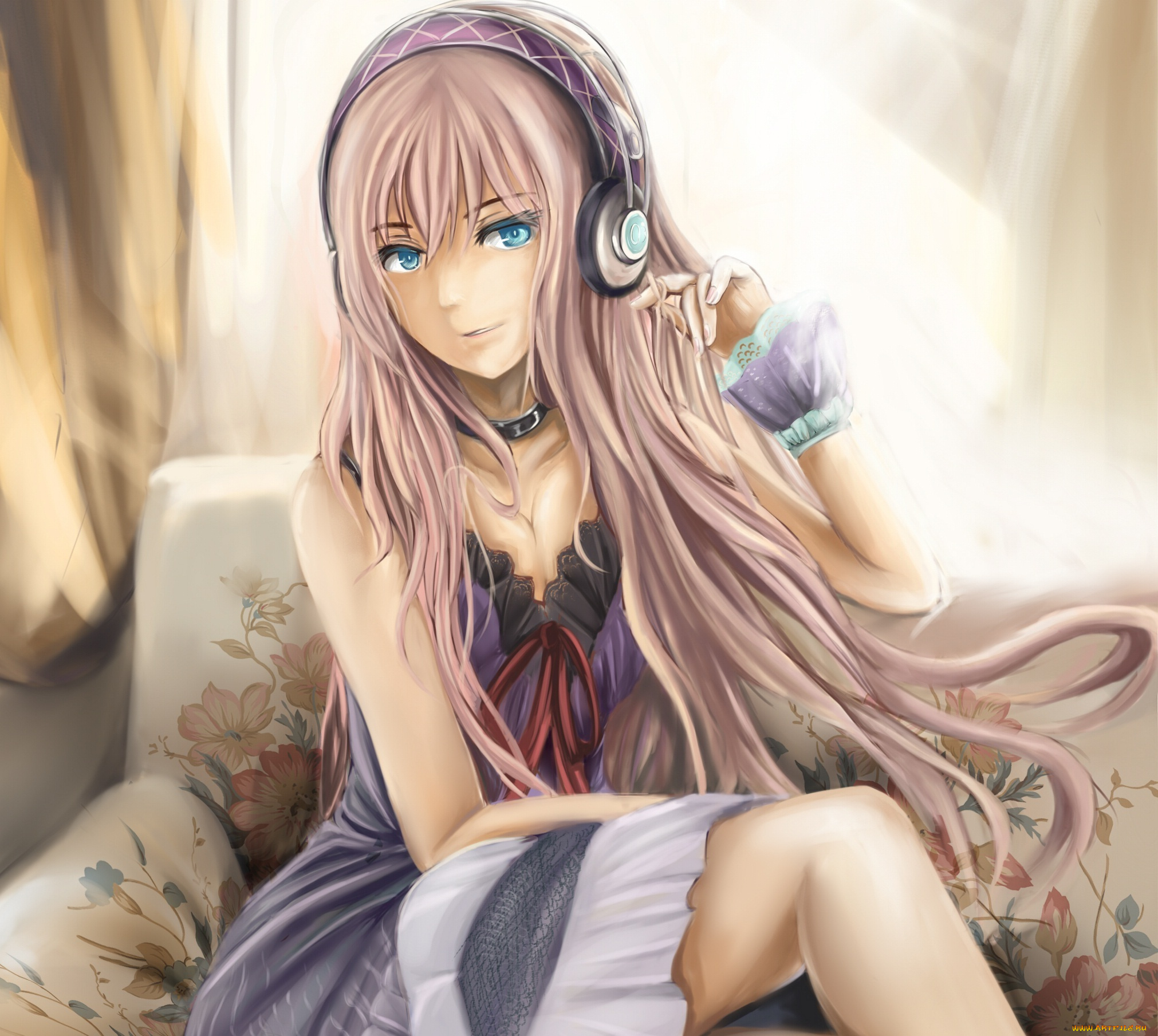 аниме, vocaloid, девушка, наушники, диван, megurine, luka