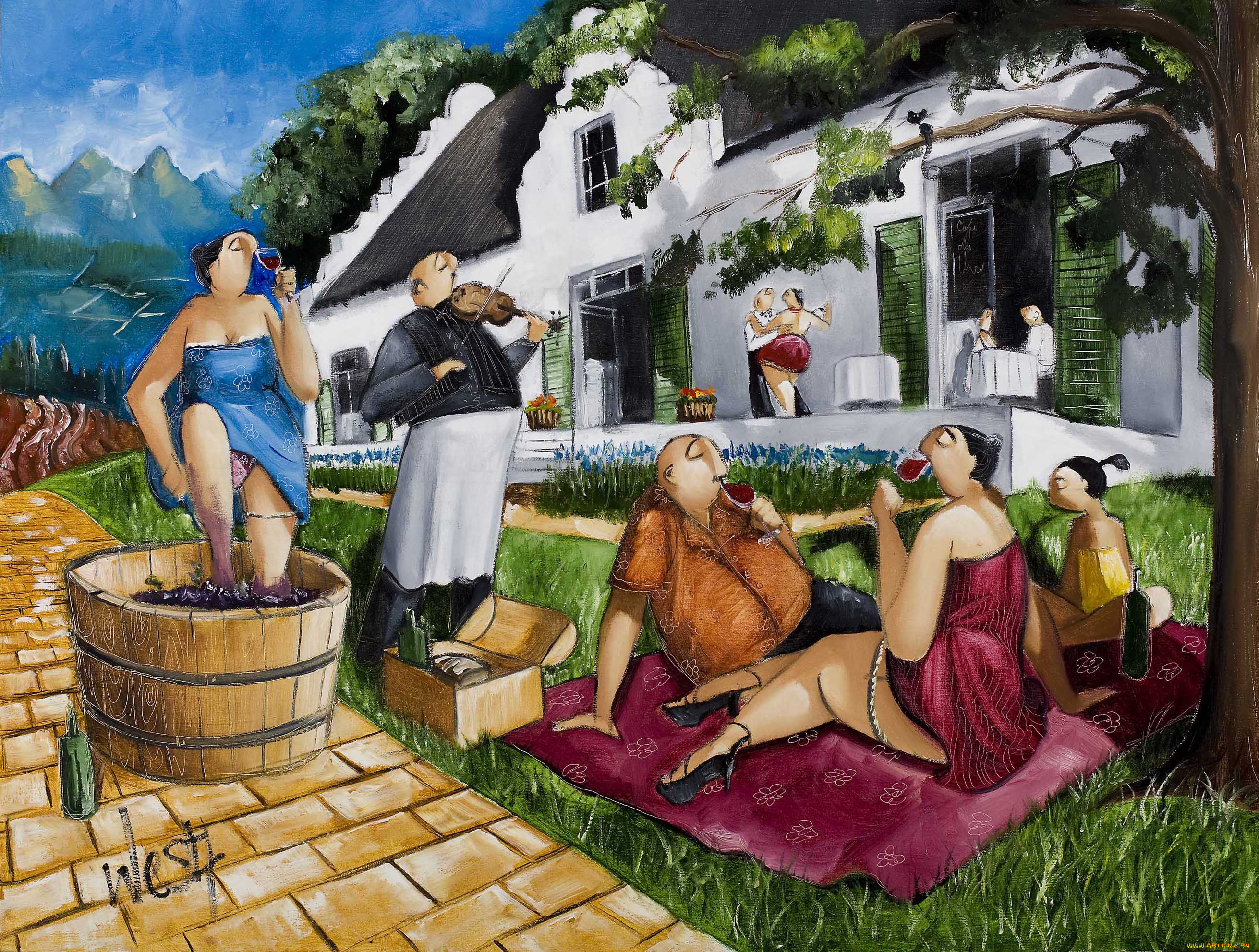 рисованные, люди, веселье, скрипач