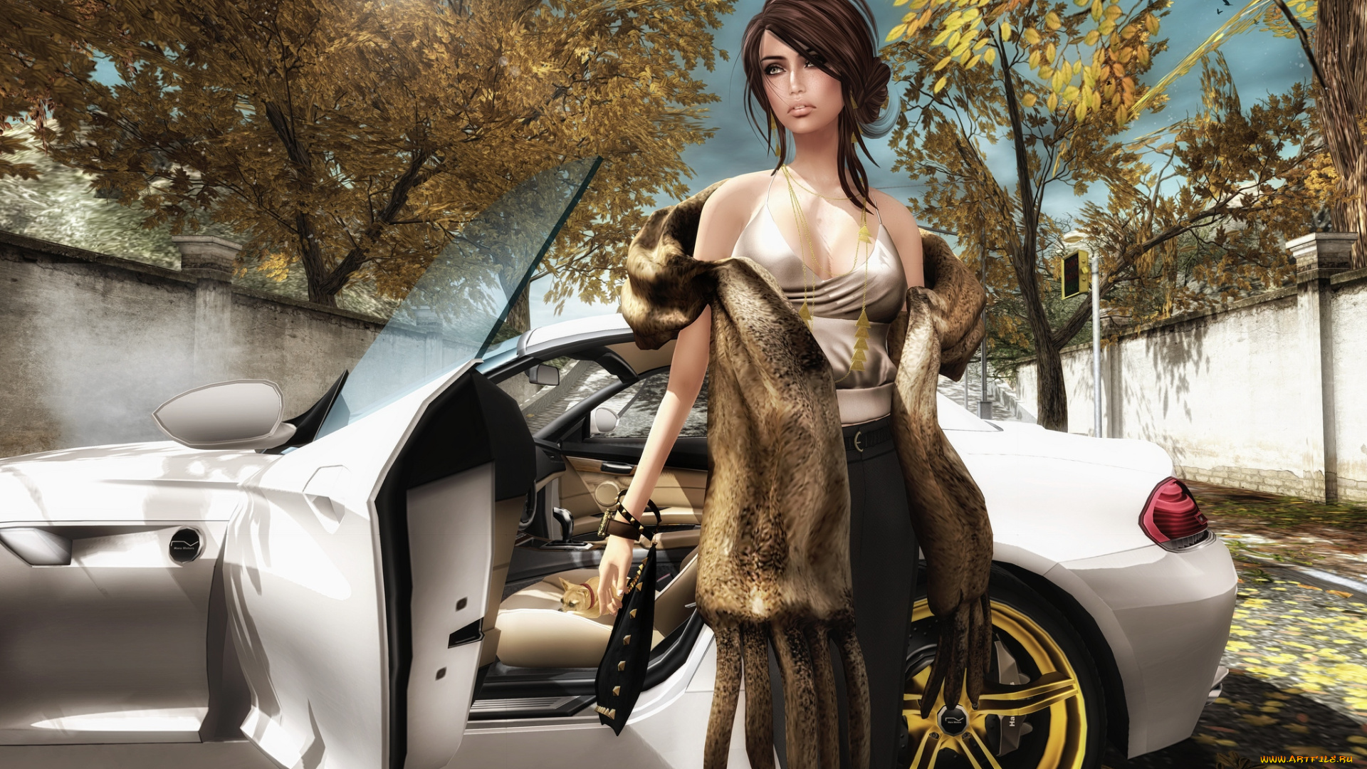 3д, графика, people, люди, девушка, авто, шуба