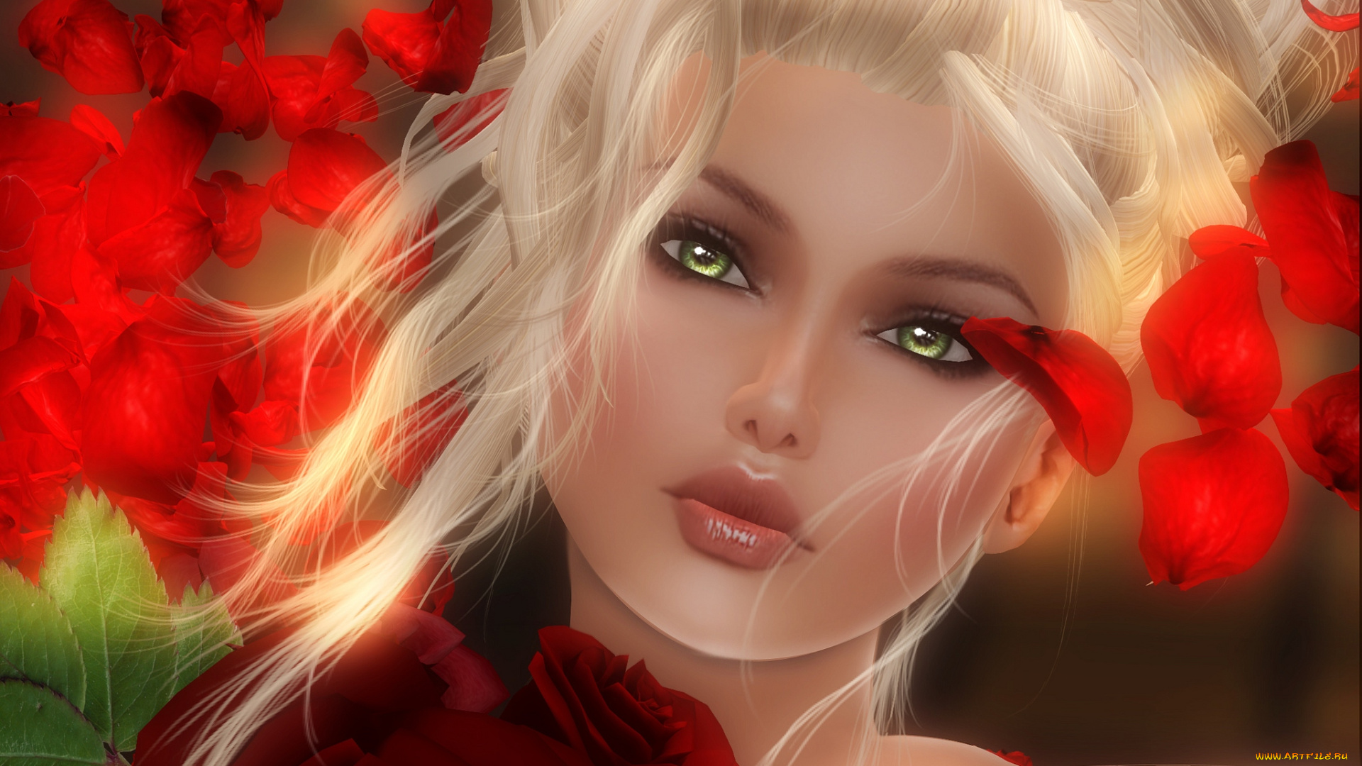 3д, графика, portraits, портрет, лицо, блондинка, лепестки