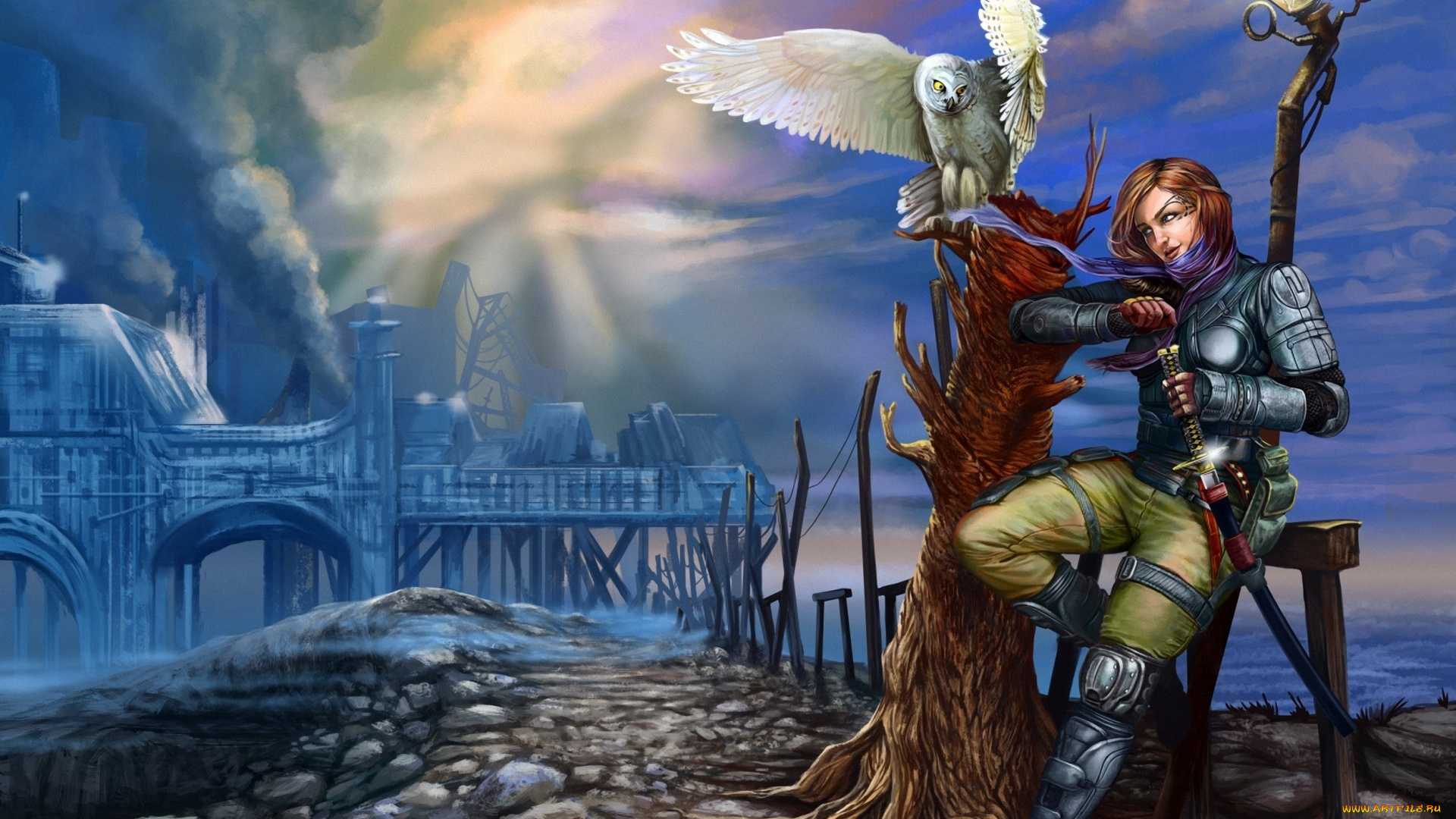 фэнтези, девушки, сова, фонарь