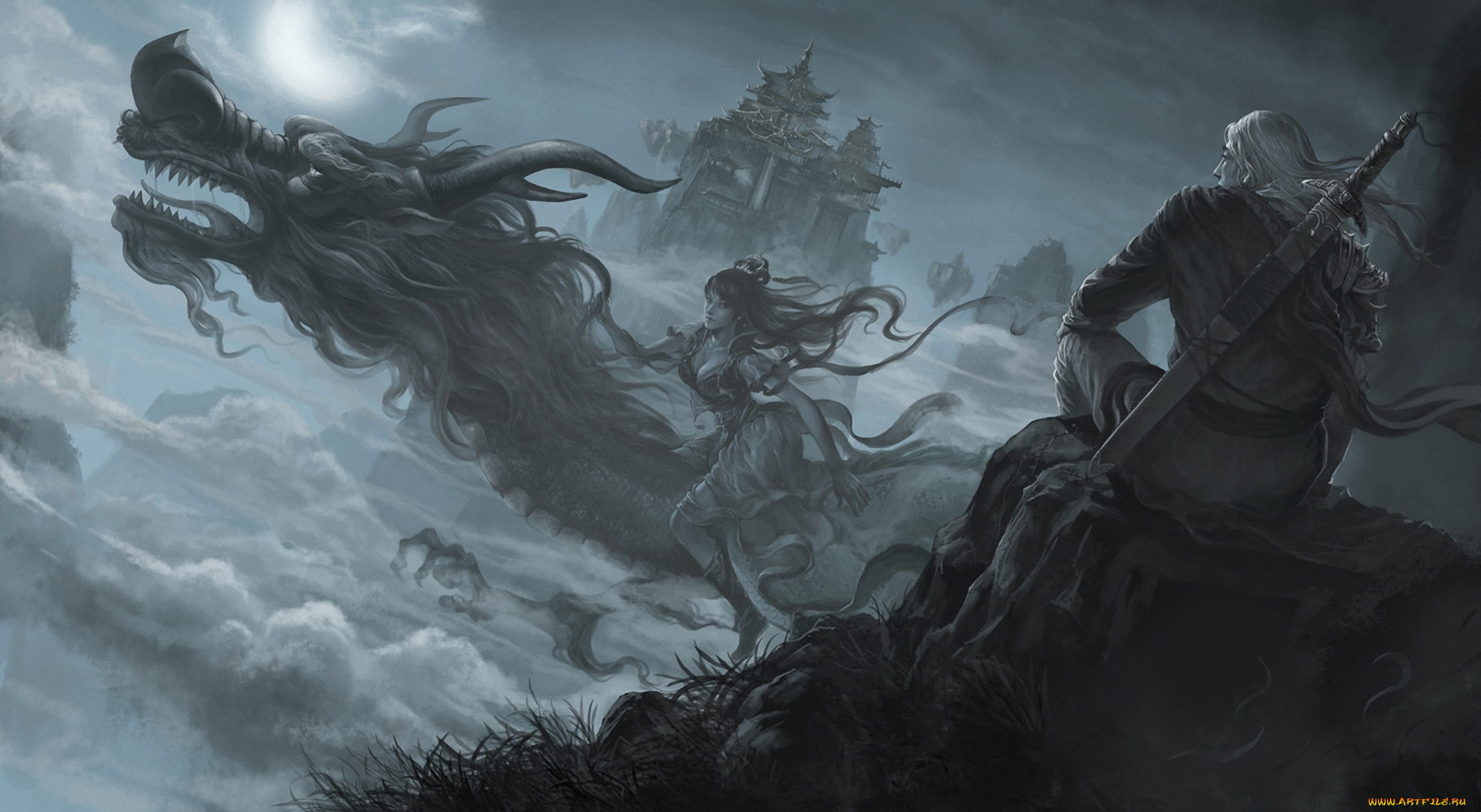 фэнтези, драконы, парень, девушка, дракон, меч, храм