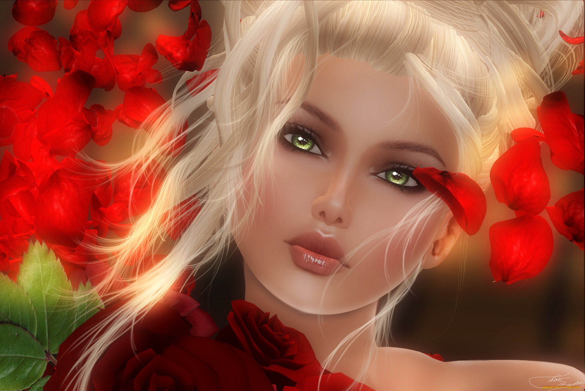 3д, графика, portraits, портрет, лицо, блондинка, лепестки