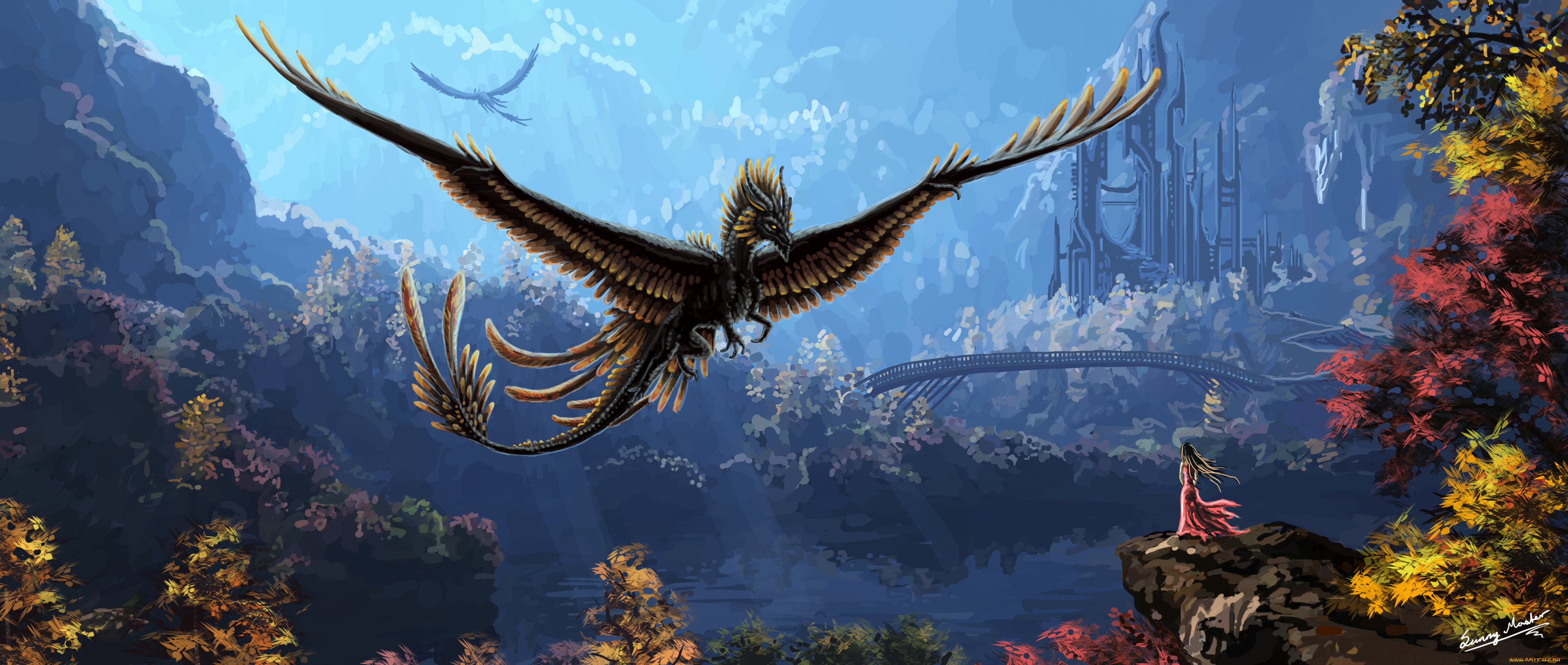 фэнтези, драконы, листья, деревья, вода, дракон, крылья, девушка, платье, мост