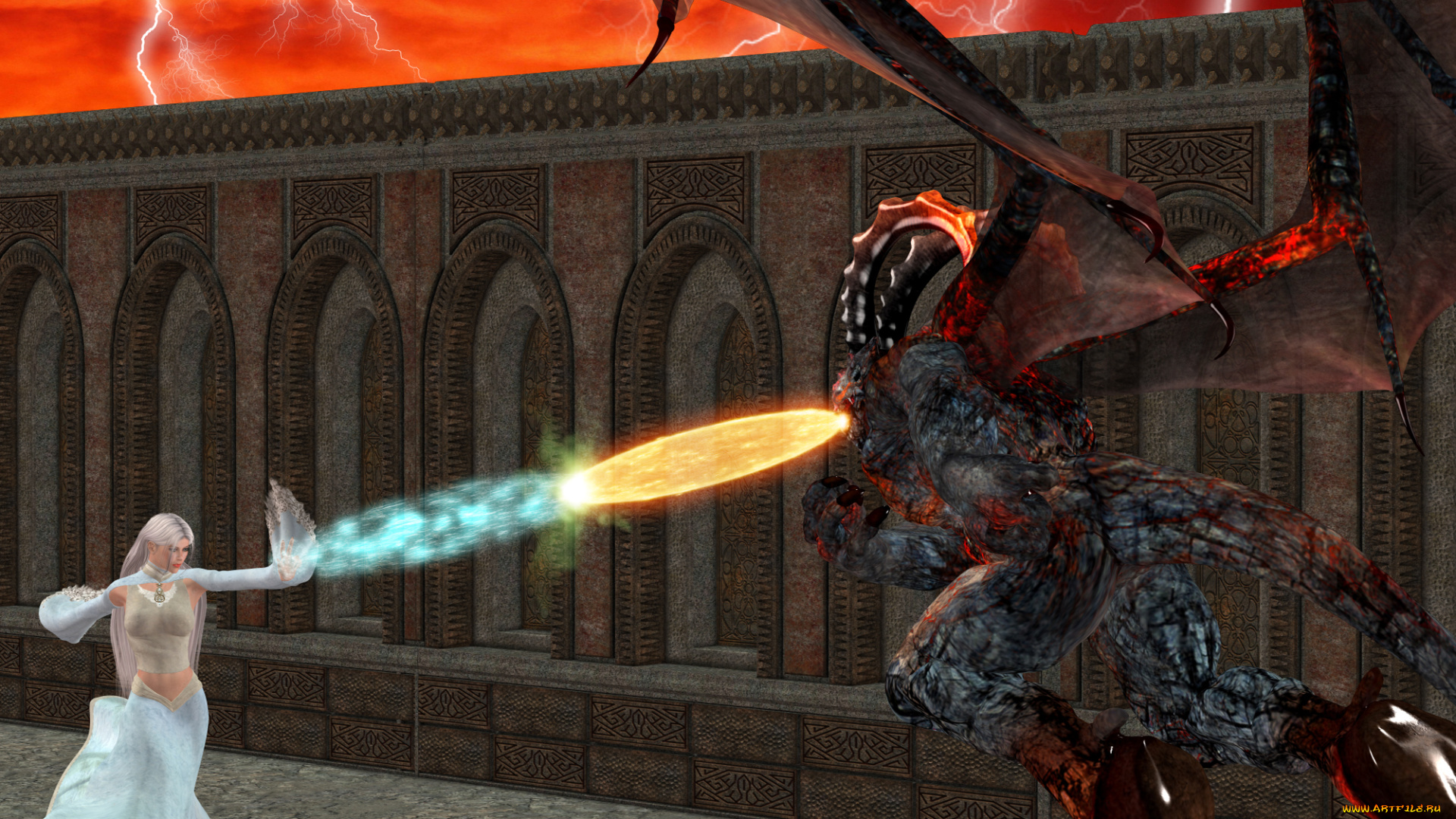 3д, графика, fantasy, , фантазия, девушка, дракон, молнии, магия