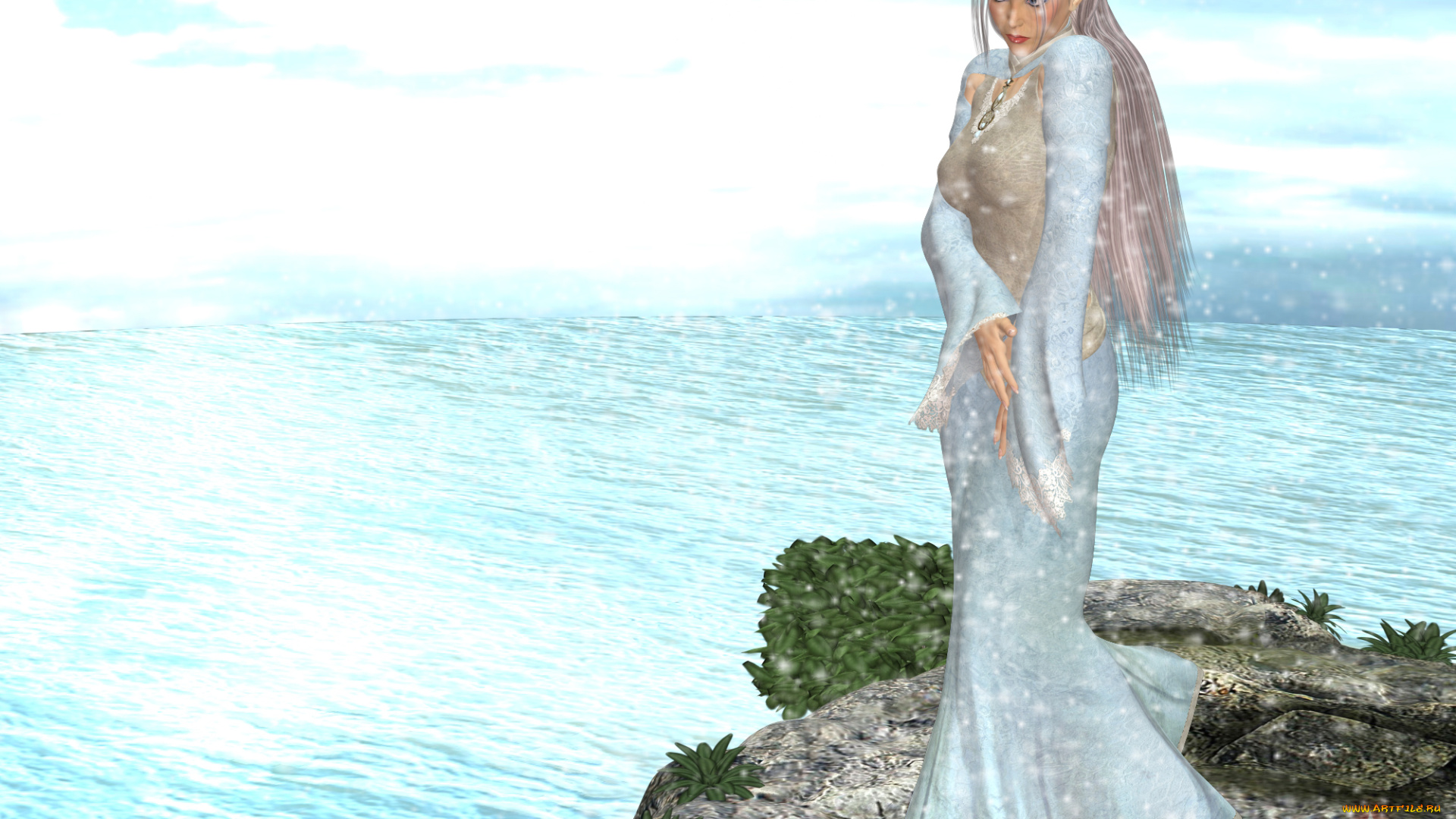 3д, графика, fantasy, , фантазия, девушка, скала, море