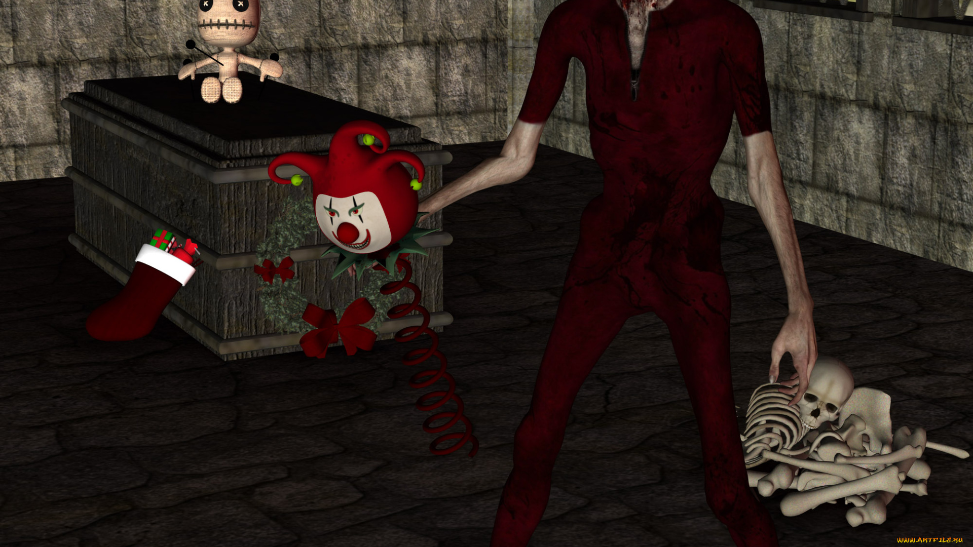 3д, графика, horror, , ужас, скелет, кукла