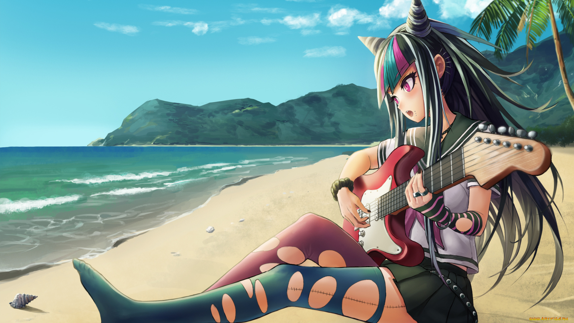 аниме, -headphones, &, instrumental, девушка, ракушка, гитара, песок, пляж, пальма